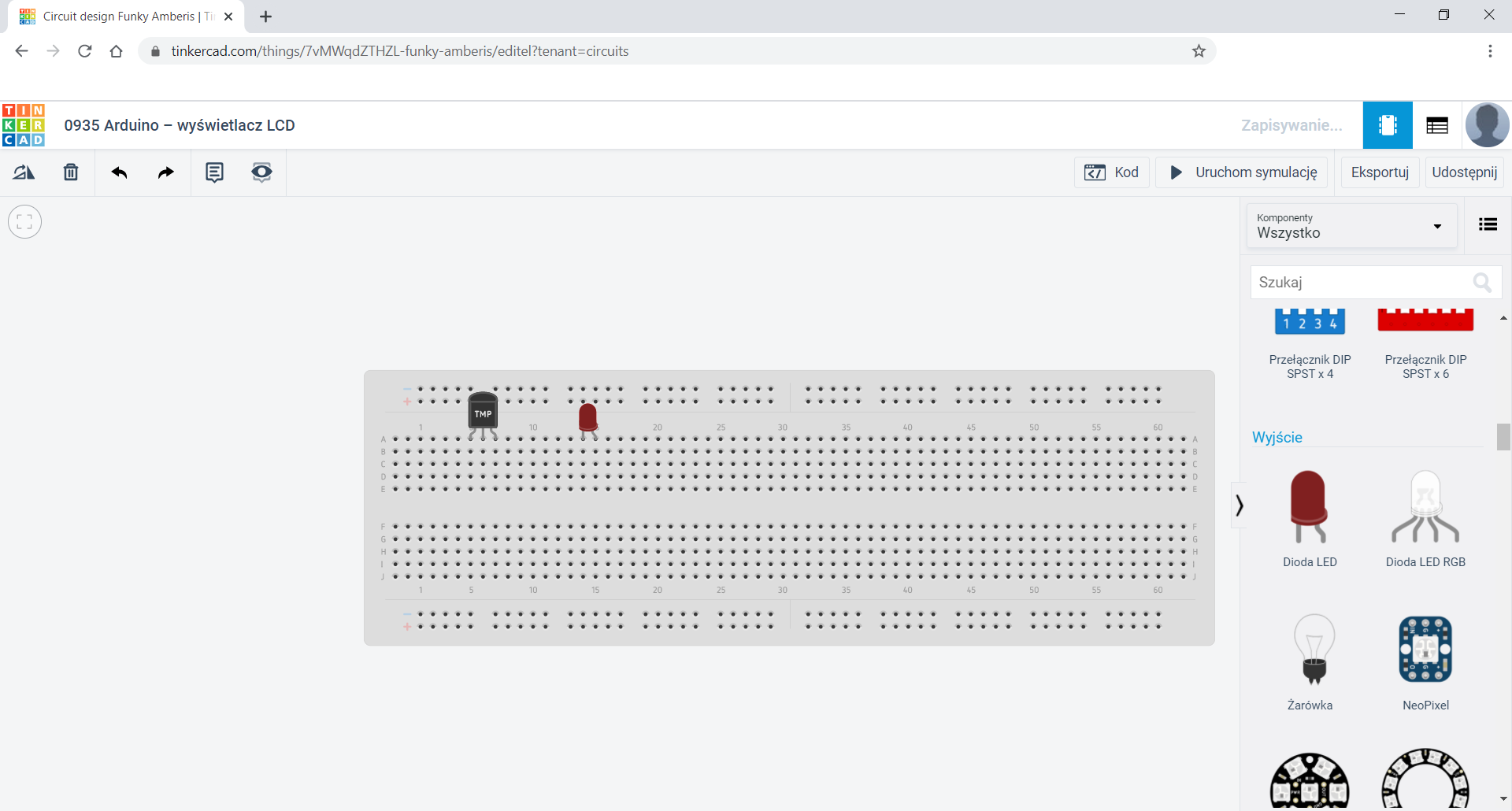 Zdjęcie ekranu przedstawia okno przeglądarki z otwartą stroną Tinkercad. W głównej strefie znajduje się płytka stykowa, na której zamontowano moduł z termometru z napisem "TMP". Obok niego zamontowano LED.