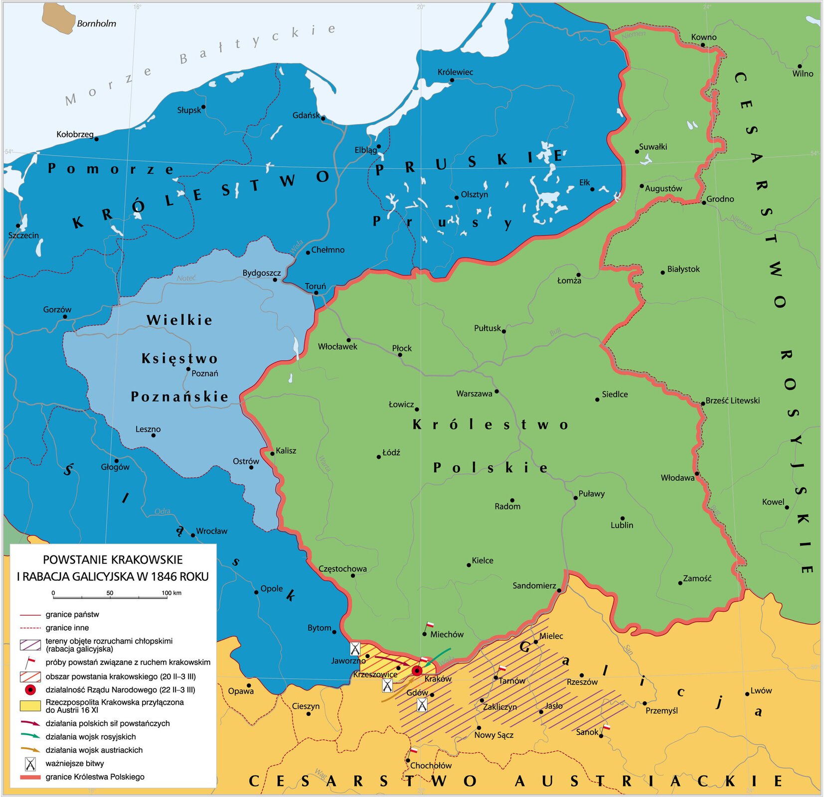 Grafika mapy przedstawiającej Powstanie Krakowskie i Rabację Galicyjską w 1846 roku.