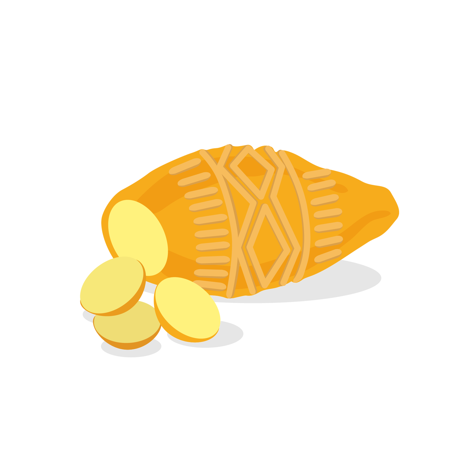 Ilustracja przedstawia oscypek, czyli wędzony góralski ser o jajowatym kształcie. Kilka odkrojonych plasterków sera leży obok niego.