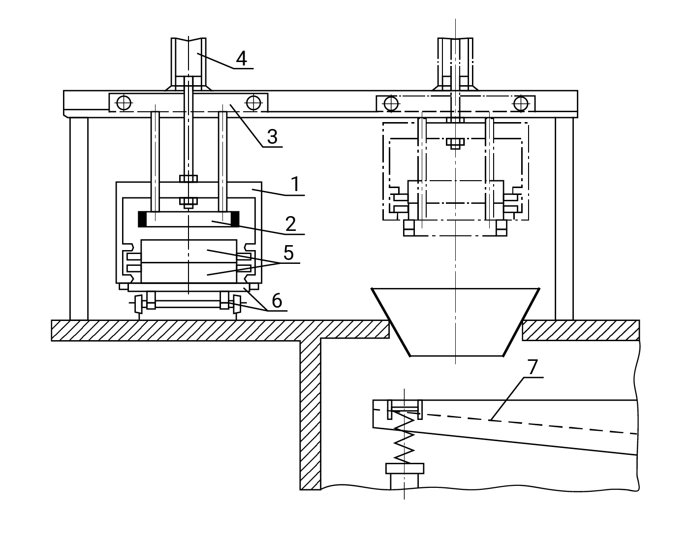 Na zdjęciu widoczne jest czarno‑biały schemat stanowiska do wypychania form z odlewami ze skrzynek. Głównym elementem schematu jest korpus o kształcie prostokąta. W środku po lewej stronie znajduje się element o kształcie tłoka. W górnej części elementu ponad korpusem znajduje się walcowaty obiekt podpisany numerem cztery. Jest to siłownik. Poniżej siłownika od fragmentu obudowy opisanej cyfrą trzy oznaczająca wózek biegną dwa równoległe względem siebie cylindry. Cylindry biegną do prostokątnej skrzyni. Zewnętrzna cześć skrzyni oznaczonej cyfra jeden oznacza uchwyt skrzyni. Cylindry połączone są prostokątnym obiektem oznaczanym cyfrą dwa. Jest to wypychacz. Poniżej znajduje się prostokąt podzielony na cztery równe części. Jest to forma oznaczona cyfrą pięć. Całość skrzyni osadzona jest na zawieszeniu i dwóch kołach. Jest to odlewniczy przenośnik wózkowy oznaczony cyfrą sześć.  Z prawej części zdjęcia widoczny jest podobny obiekt. Niżej niego znajduje się element o kształcie trapezu będącym otworem do fragmentu obudowy znajdującej się poniżej. Niżej niego znajduje się przenośnik wibracyjny oznaczony jako prostokąt z którego wychodzi sprężyna. Do sprężyny dochodzi trapez równoramienny z biegnąca linią przerywaną.