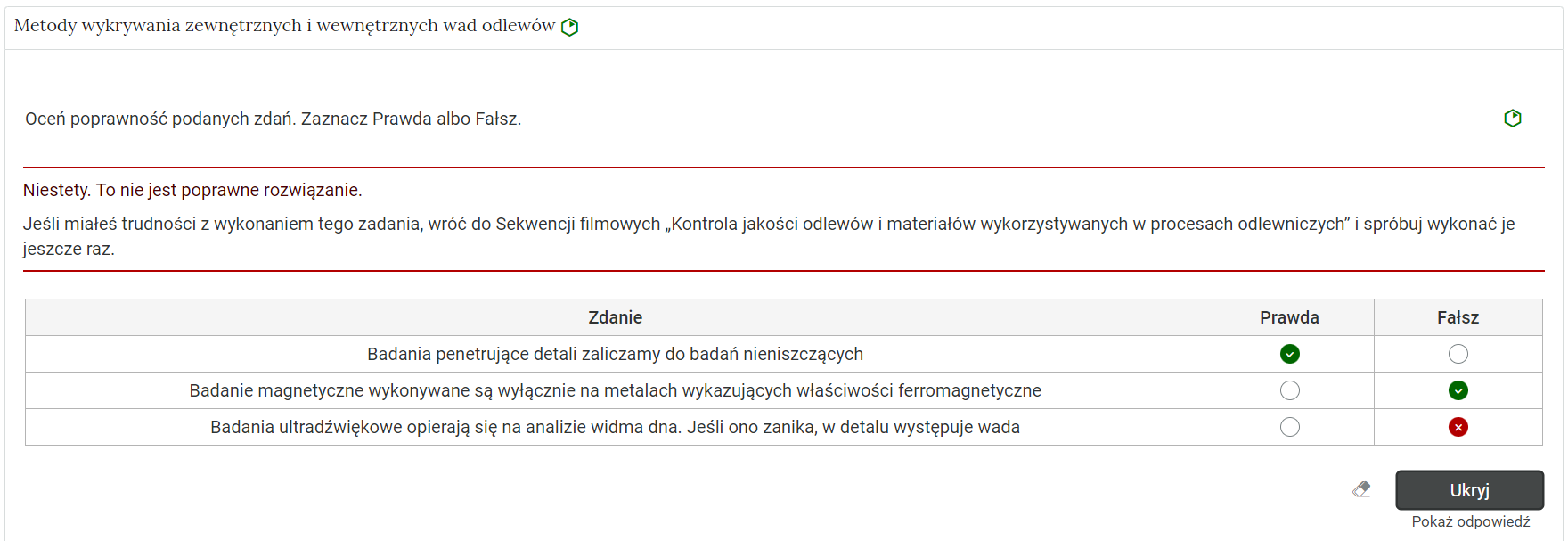 Przykładowy komunikat o błędnej odpowiedzi w interaktywnych materiałach sprawdzających