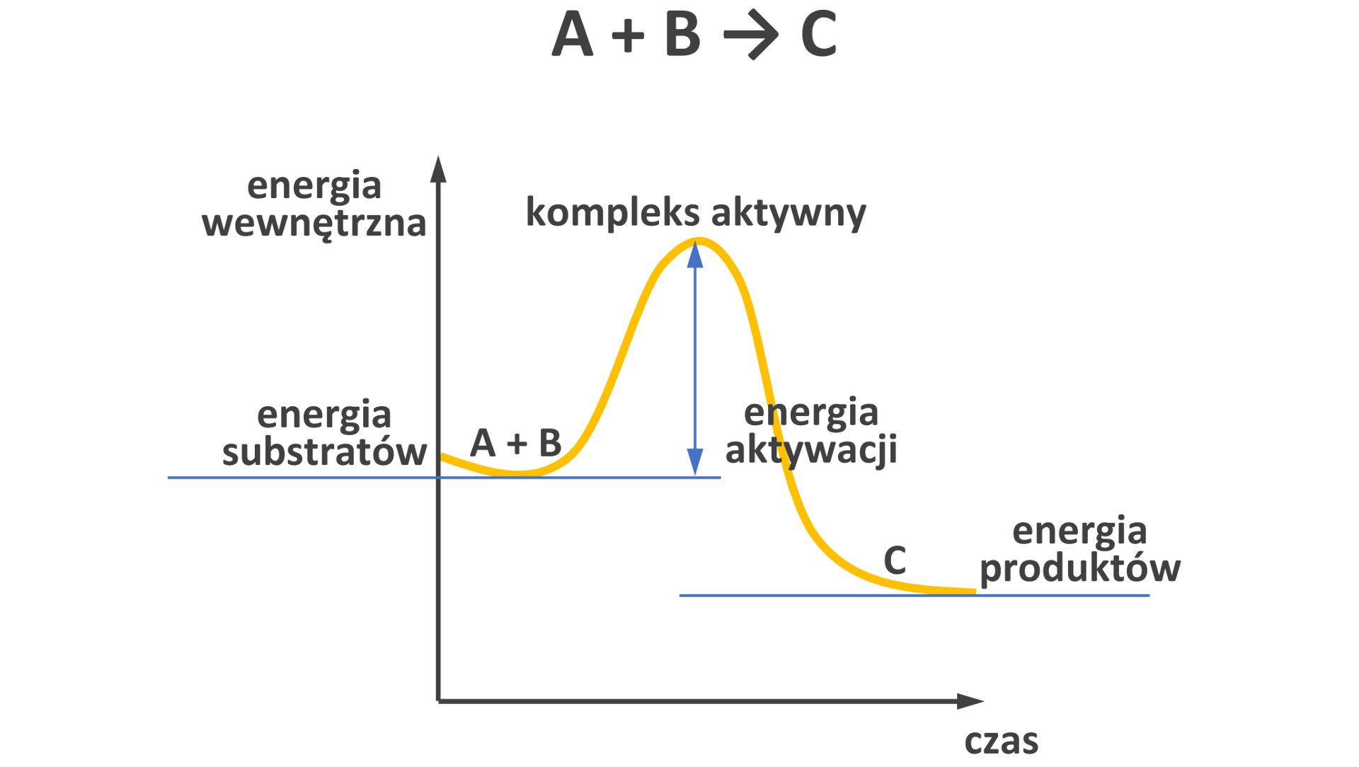 Ilustracja przedstawiająca wykres zależności energii wewnętrznej od czasu dla podanej reakcji A+B→C. Czas zaznaczono na osi pionowej, zaś energię wewnętrzną na osi pionowej. Energię początkową stanowi energia substratów A oraz B. Dalej energia rośnie, osiągając maksymalną wartość dla kompleksu aktywnego utworzonego przez substraty. Różnicę pomiędzy energią substratów, a energią kompleksu aktywnego stanowi energia aktywacji. Dalej, po osiągnięciu maksimum energia maleje do energii produktu C, mniejszą niż energia substratów.