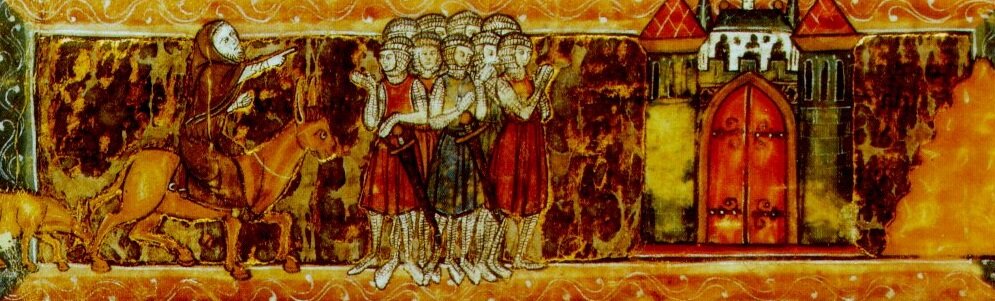 Kolorowa ilustracja przedstawia Piotra z Amiens jadącego na ośle. Wskazuje on drogę grupie uzbrojonych krzyżowców.