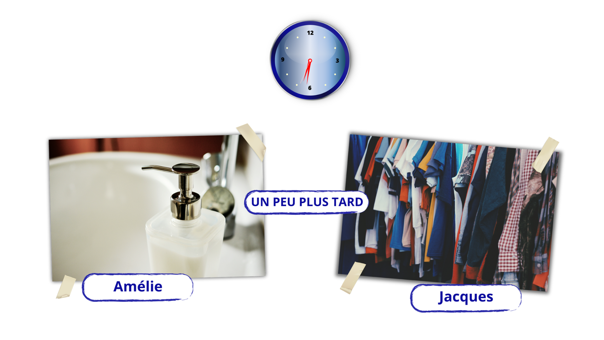 Ilustracja przedstawia dwa zdjęcia. Z lewej zdjęcie umywalki z podpisem Amélie. Z prawej zdjęcie szafy z ubraniami z podpisem: Jacques. Pomiędzy zdjęciami dodatkowy podpis: UN PEU PLUS TARD. Powyżej zdjęć tarcza zegara wskazująca godzinę szóstą trzydzieści dwa rano.
