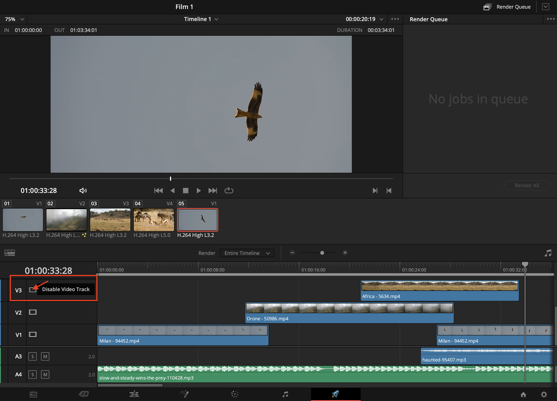 Ilustracja przedstawia otwarty program DaVinci Resolve. Po lewej stronie na jednej ze ścieżek do montażu zaznaczono ikonę znajdującą się po lewej stronie od napisu Disable Video Track. Wyżej w opcjach wyboru plików zaznaczono plik z lecącym orłem. Na dole na pasku opcji wybrano ikonę po prawej stronie przedstawiającego rakietę. 