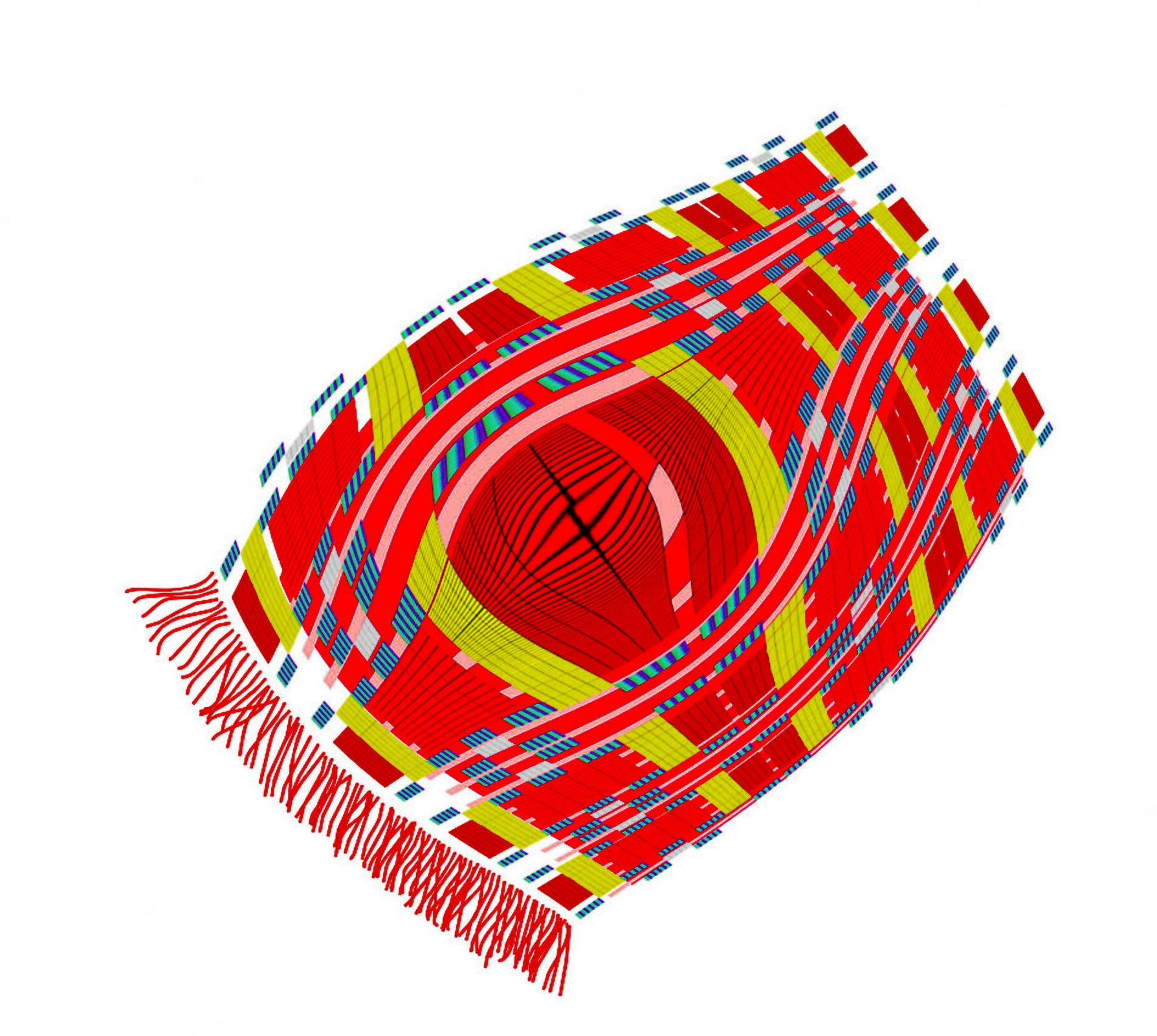 Ilustracja przedstawiająca kolorowy dywan. Jest on lekko uniesiony jakby powiewał na wietrze. Dywan ma liczne wzorki w postaci małych czerwonych kwadracików, zielonych i niebieskich prostokątów, które ułożone są w sposób równoległy do siebie oraz poprzeczny. Na środku dywan jest wybrzuszony, tak że jego wzory w tym miejscu stały się szersze. Z lewej strony dywan zakończony jest czerwonymi frędzlami. Tło jest białe.