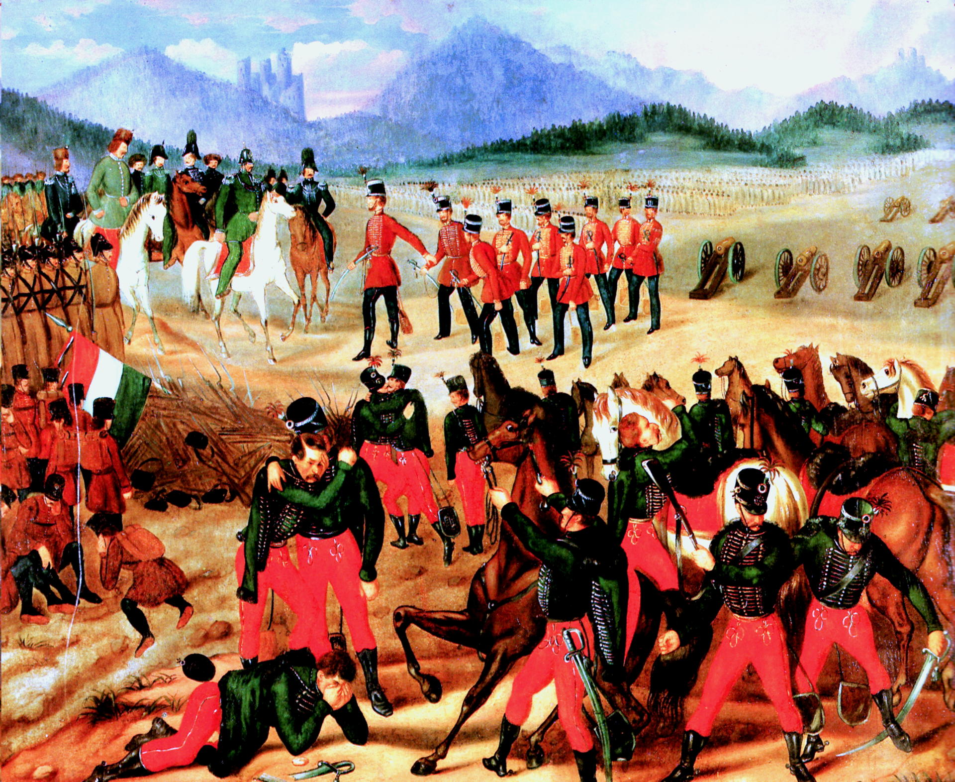 Kapitulacja armii węgierskiej pod Világos w 1849 roku Źródło: István Szkicsák-Klinovszky, Kapitulacja armii węgierskiej pod Világos w 1849 roku, 1850, domena publiczna.