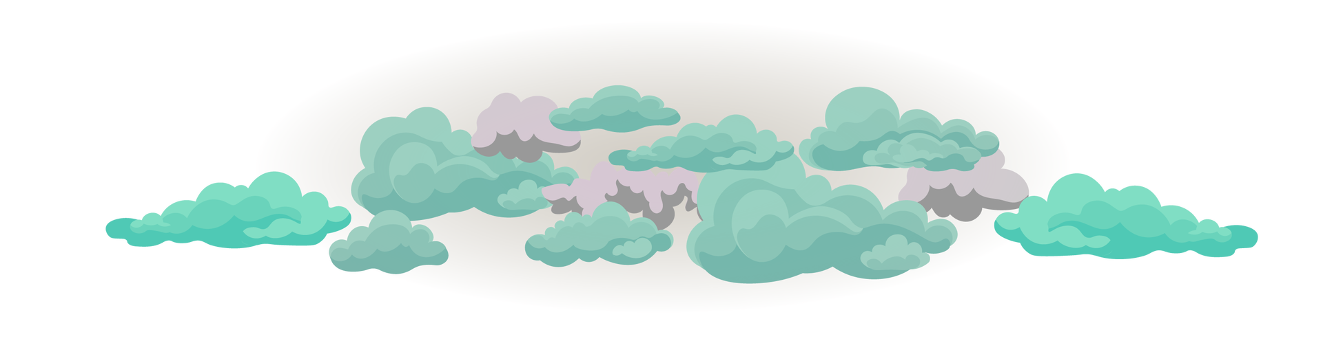 Ilustracja przedstawia dużą ilość turkusowych chmur. Dookoła nich unoszą się kłęby szarego dymu.