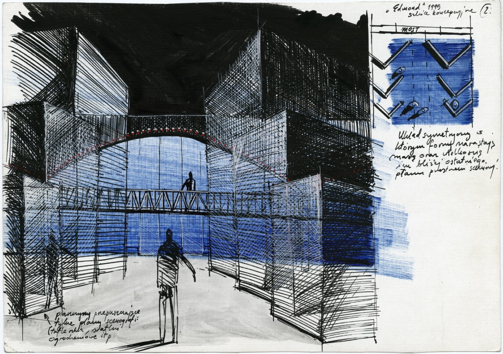 Ilustracja przedstawia szkic koncepcyjny do realizacji spektaklu „Egmond” Davida Mameta. Składa się z 2 szkiców, większego po lewej stronie i mniejszego po prawej. Oba szkice wykonane są w kolorystyce niebiesko‑czarnej na białej kartce. Lewy szkic przedstawia postać stojącą między ścianami. Z lewej strony, za ścianą widnieje jeszcze jedna postać. Obok niej są 4 linijki notatek.  W tle znajduje się most, na którym stoi postać opierająca się o barierki. Szkic z prawej strony jest narysowany w rzucie z góry, Na niebieskim tle stoją 4 postaci. Dodatkowo zaznaczone są ściany, po 3 z każdej strony. W tle znajduje się most. Nad szkicem jest napis: „Egmond 1995 szkic koncepcyjny”. Pod szkicem jest 5 linijek notatek.