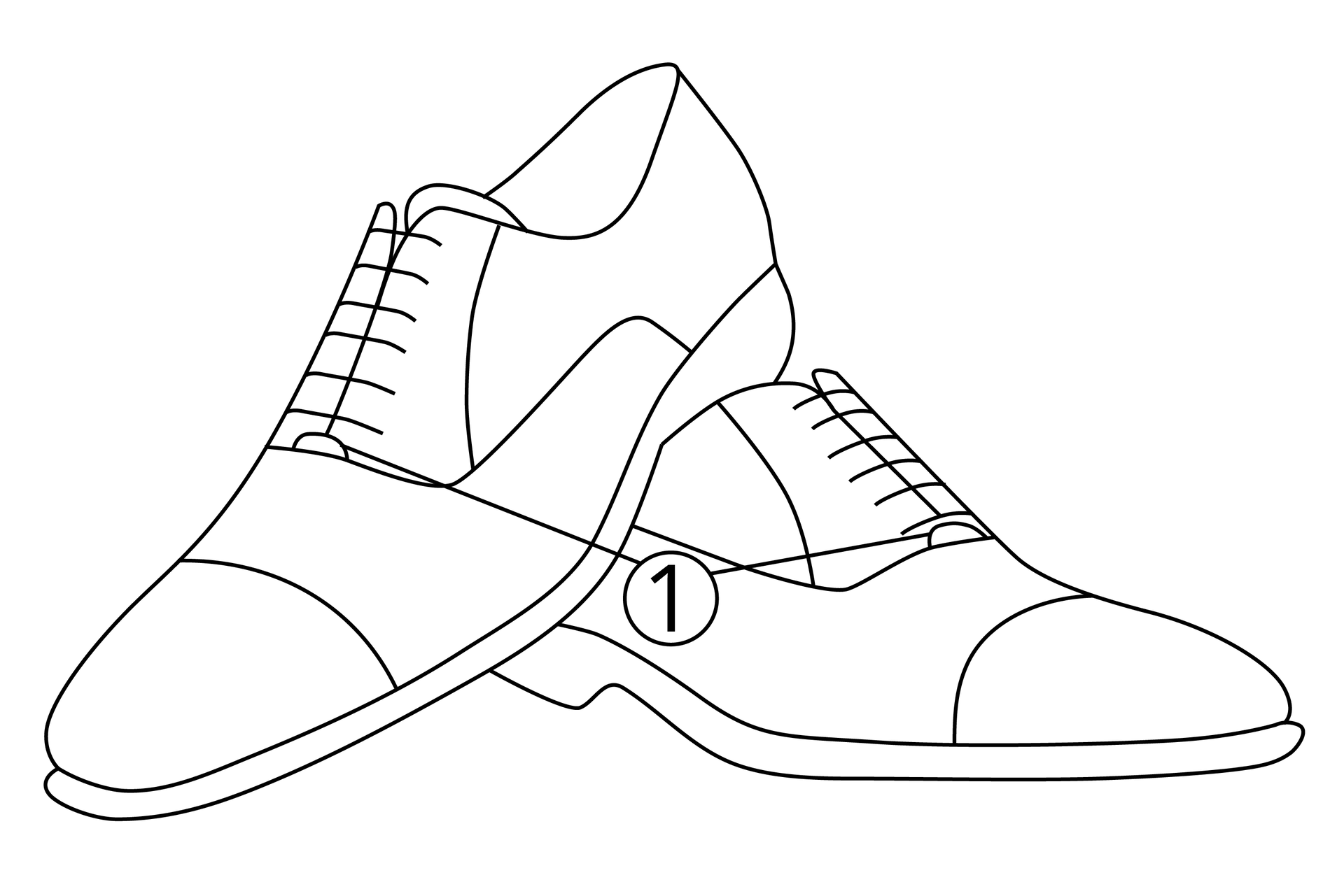 Grafika przedstawia dwa męskie półbuty ułożone jeden na drugim. Nad podeszwą jednego z nich znajduje się okrąg z wpisanym numerem jeden.