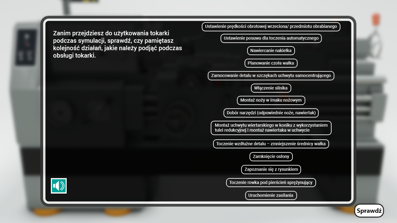Ilustracja przedstawia przykładowy ekran symulacji na którym widnieje pierwsze zadanie, w którym trzeba chronologicznie ułożyć czynności. 