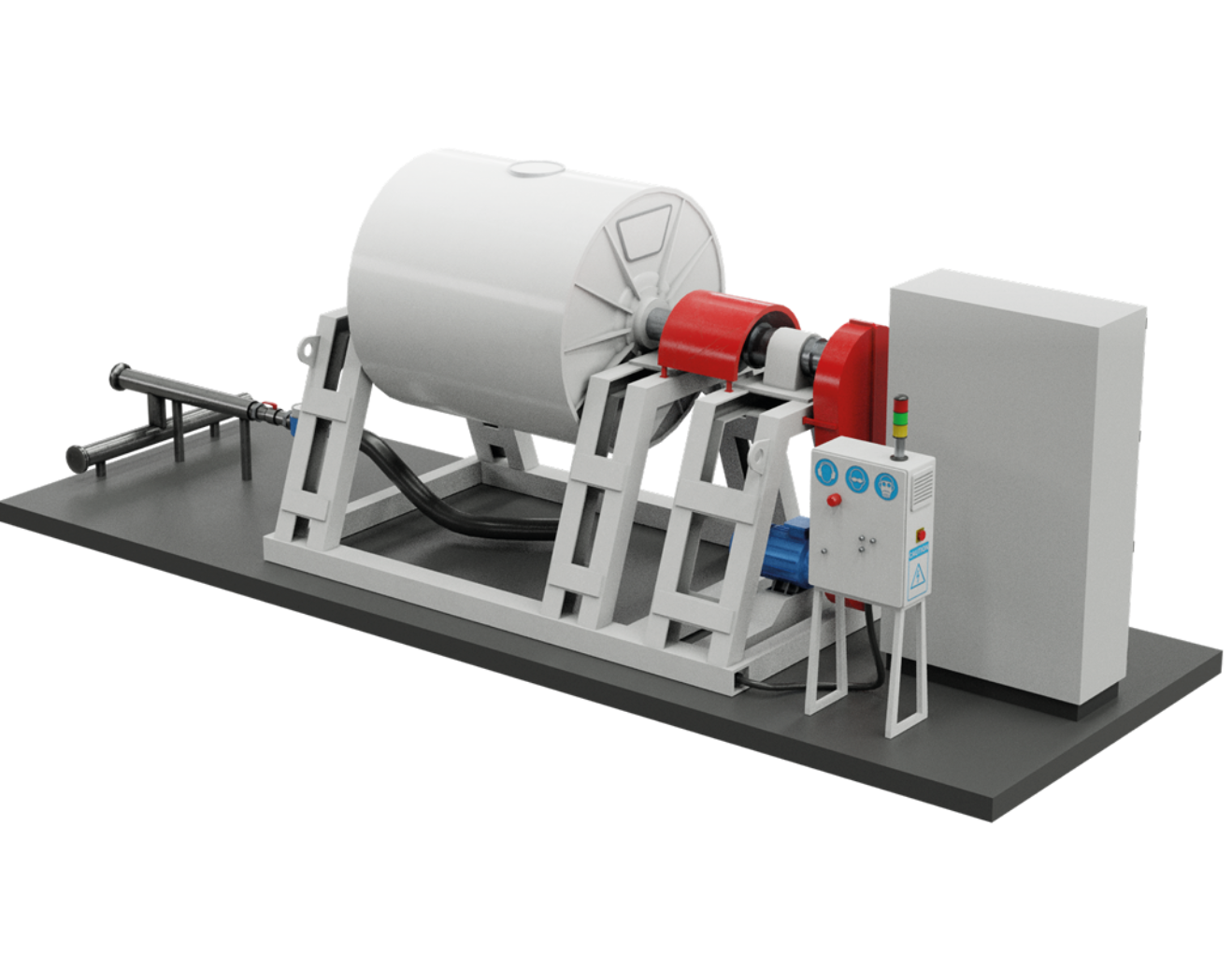 Ilustracja przedstawia młyn. To duży, bębnowy młyn w kształcie walca ustawiony poziomo na wysokim stelażu. Obok niego znajduje się silnik napędzający młyn oraz panel sterowania młynem.
