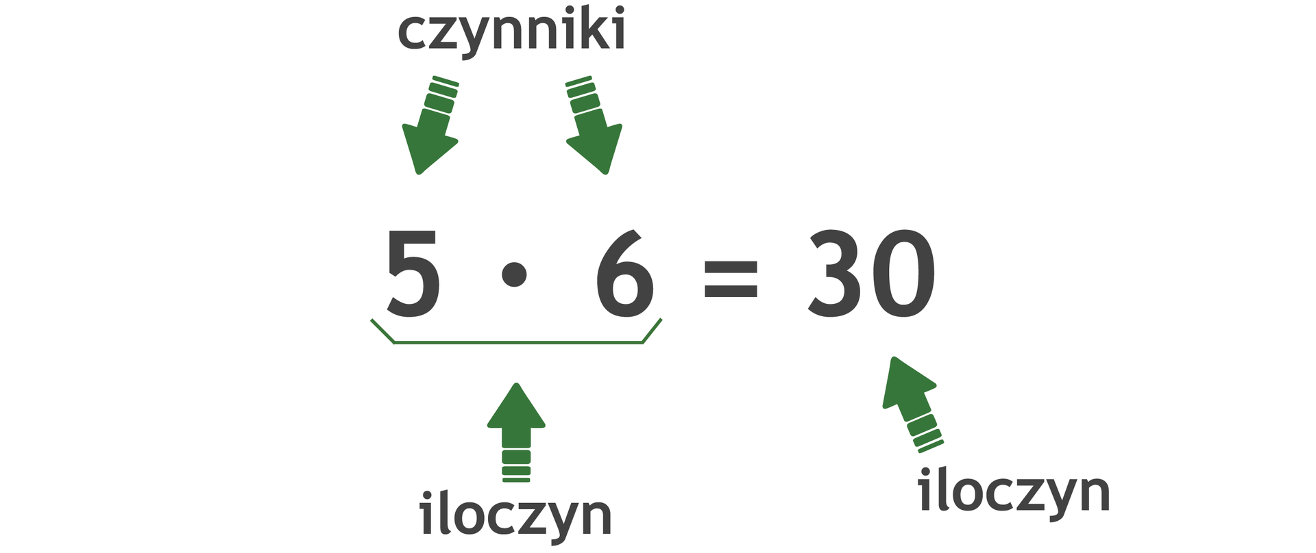 Działanie: 5·6=30. Liczby w mnożeniu to czynniki. Wynik mnożenia to iloczyn.