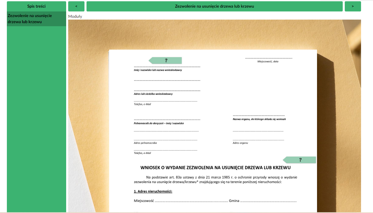 Grafika przedstawia widok na katalog z dokumentacją interaktywną. Na górze zlokalizowany jest pasek z nazwą dokumentu. Po lewej stronie znajduje się spis treści z dokumentami. Na środku widoczny jest wniosek o zezwolenie na usunięcie drzewa lub krzewu.