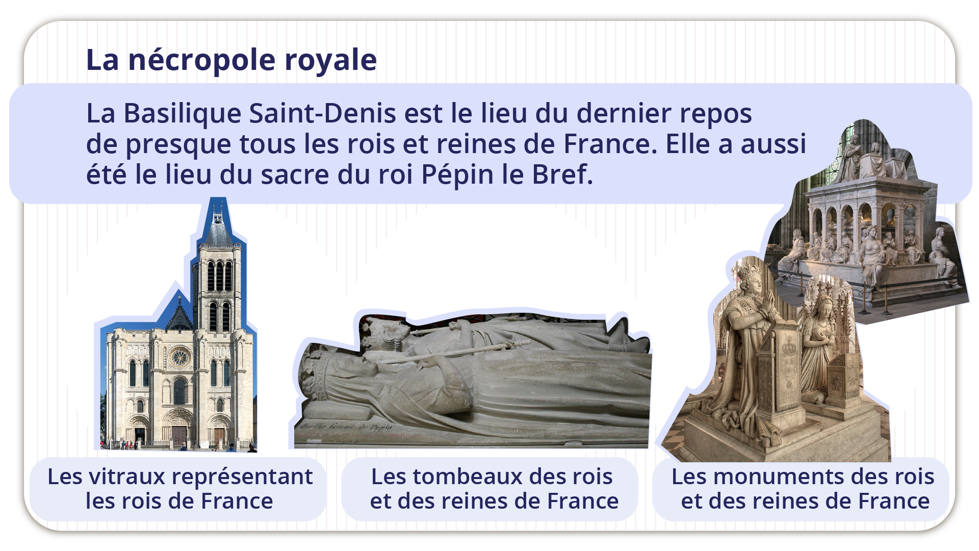 Grafika zatytułowana La nécropole royaleLa Basilique Saint‑Denis est le lieu du dernier repos de presque tous les rois et reines de France. Elle a aussi été le lieu du sacre du roi Pépin le Bref.. Poniżej zdjęcia z podpisami.Zdjęcie dużego ceglanego budynku z zegarem i witrażami w oknach. Podpis: Les vitraux représentant les rois de France. Groby królów i królowych Francji. Podpis: Les tombeaux des rois et des reines de France. Pomniki królów i królowych Francji. Podpis: Les monuments des rois et des reines de France.