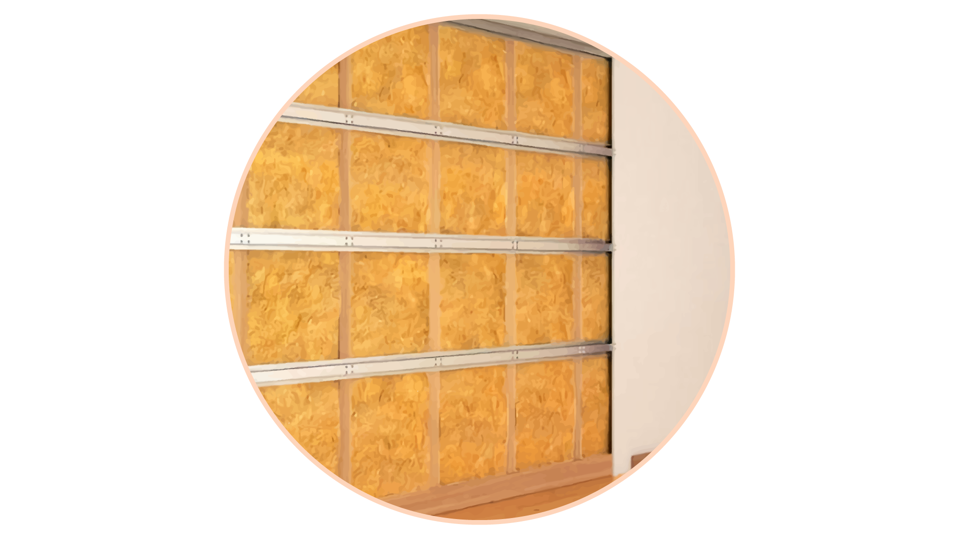 Grafika przedstawia poprawnie wykonaną izolację akustyczną ściany działowej. Bloki wełny mineralnej są ułożone w zwarty sposób i odpowiednio przytrzymywane przez drewniane listewki i metalowe listwy.