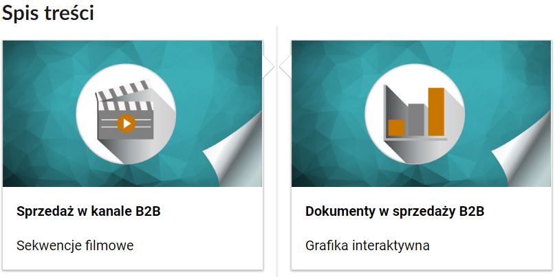 Grafika przedstawia fragment spisu treści, złożonego z interaktywnych przycisków. Przyciski w formie prostokątnych pól. W polu po lewej lewej stronie znajduje się schematyczny rysunek klapsa filmowego na seledynowym tle. W dolnej części podpis: sprzedaż w kanale bi tu bi, sekwencje filmowe. W polu po prawej stronie schematyczny rysunek wykresu słupkowego na seledynowym tle. W dolnej części podpis: dokumenty w sprzedaży bi tu bi, grafika interaktywna.