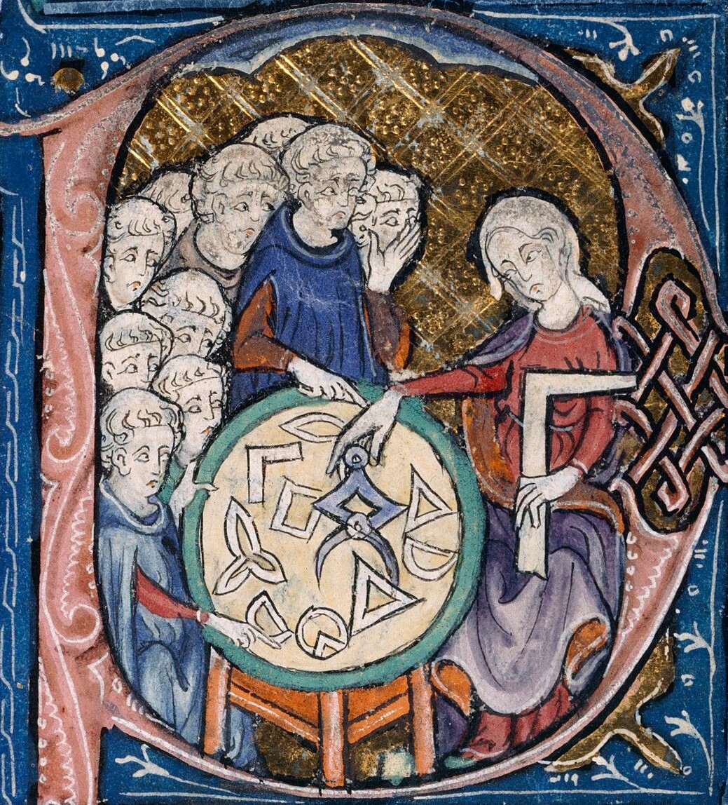 Kobieta nauczająca mnichów geometrii Źródło: nieznany autor, Kobieta nauczająca mnichów geometrii, 1309-1316, domena publiczna.