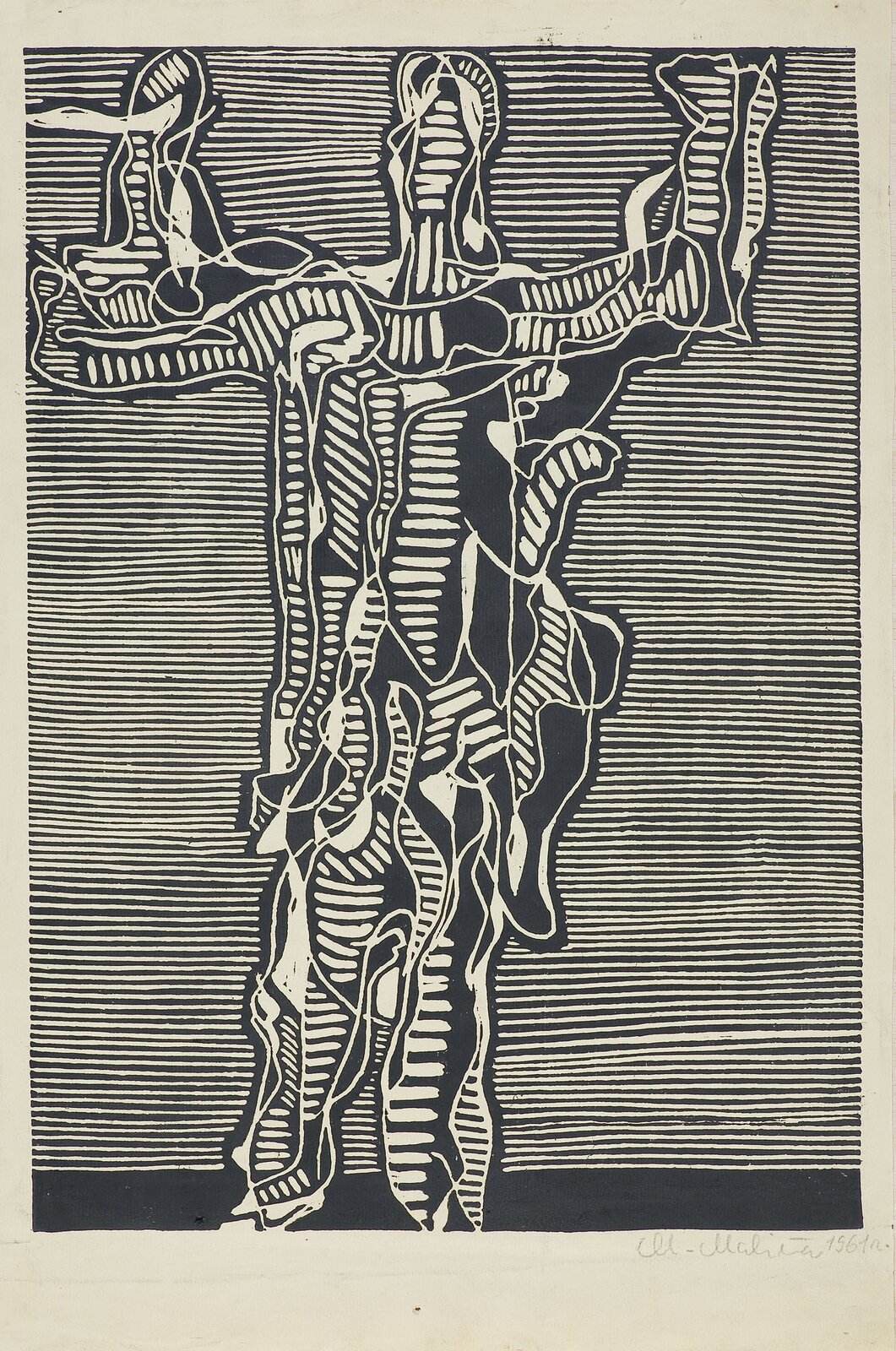 Praca autorstwa Mariana Maliny pod tytułem „Postać z uniesionymi rękoma” przedstawia pracę wykonaną w technice linorytu. Pierwsze tło pracy stanowi wyprostowana stojąca postać z uniesionymi rękoma ku górze. Figura człowieka nie zawiera żadnych detali, cała wypełniona jest białymi poziomymi i ukośnymi liniami oraz czarnymi plamami, które wypełniają powierzchnię pomiędzy liniami. Tło stanowią gęsto ułożone białe linie pomiędzy którymi rozmieszczono czarne linie. Dół dzieła stanowi podłogę/chodnik/drogę na której stoi postać. Dół dzieła jest wypełniony kolorem czarnym.