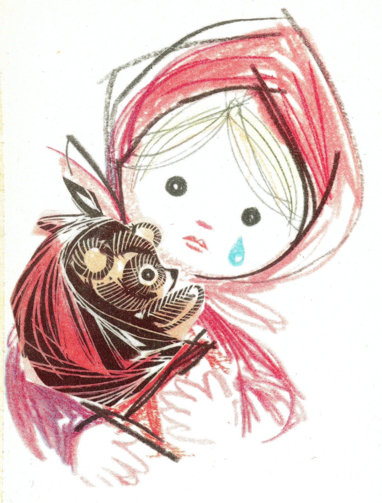 Ilustracja przedstawia pracę Adama Kiliana z książki Janiny Porazińskiej, „Pamiętnik Czarnego Noska”. Ukazuje dziewczynkę w czerwonej chustce. Po jej twarzy płynie łza. Na rękach trzyma brązowego misia.