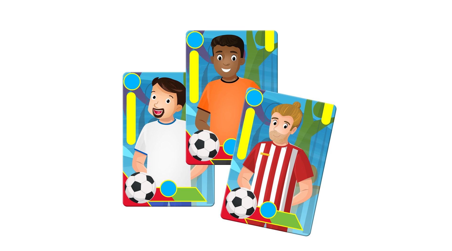 Ilustracja przedstawia trzy karty z wizerunkiem piłkarzy.