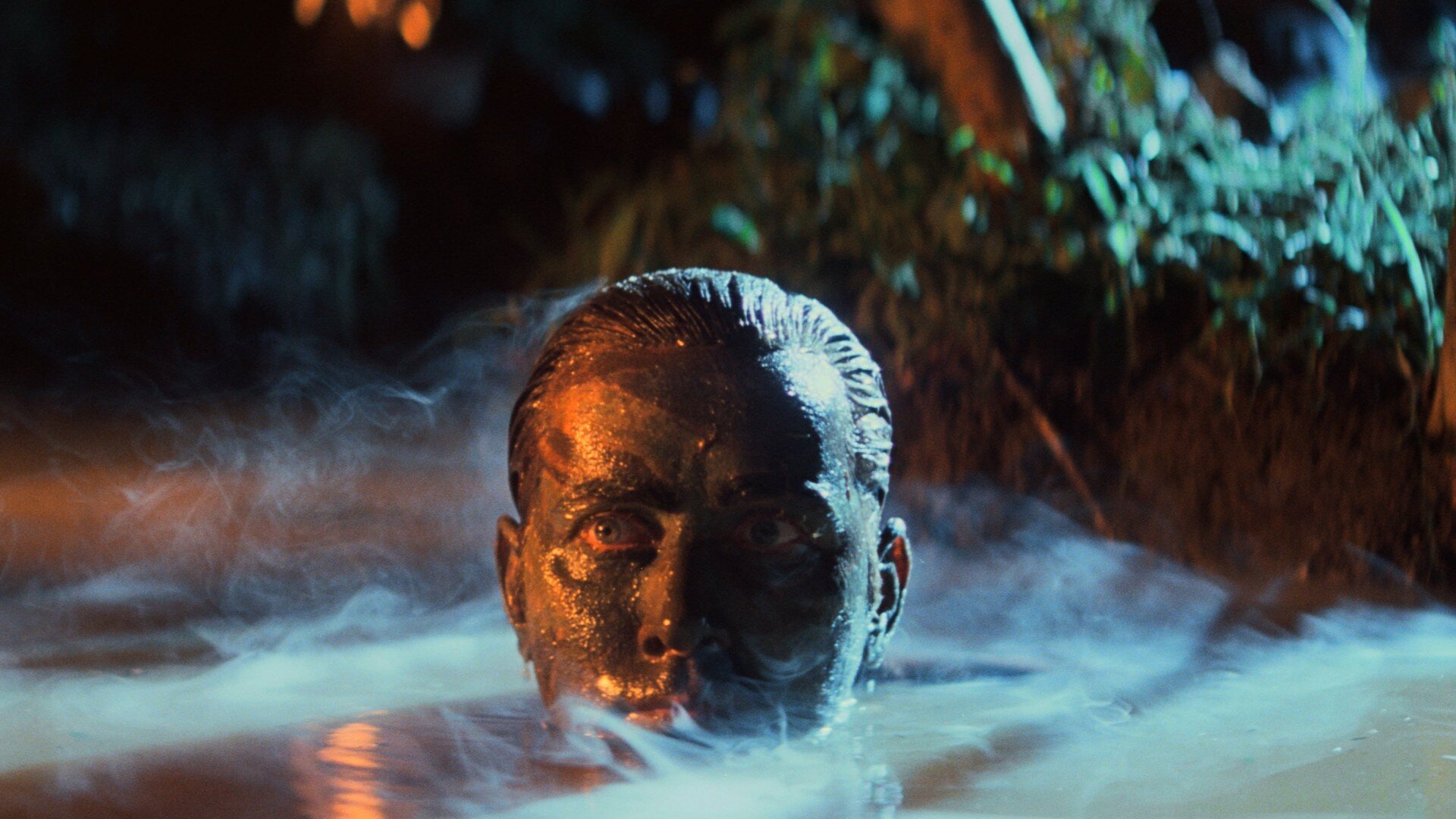 Zdjęcie przedstawia zanurzonego w wodzie mężczyznę. Wystaje tylko jego głowa, która jest pomalowana ciemnozieloną farbą. Panuje noc. Nad taflą wody unosi się dym. W tle są rośliny.