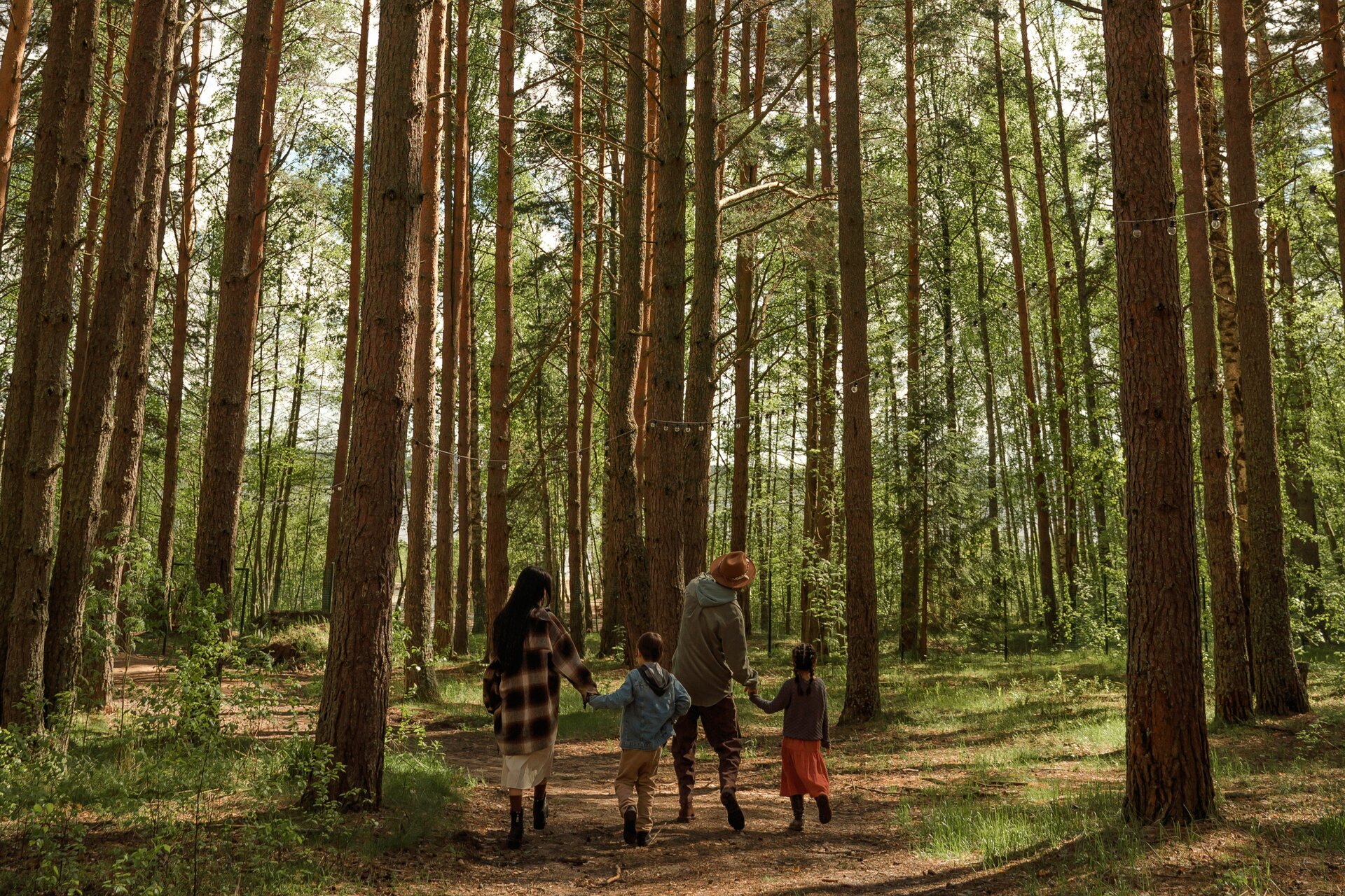 Ilustracja przedstawia spacerującą w lesie rodzinę.