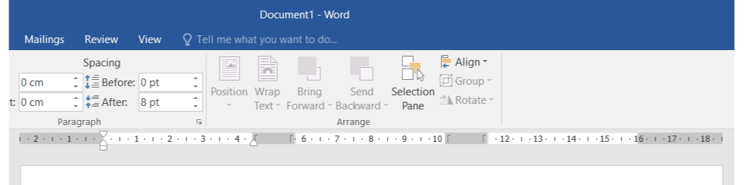 Zrzut ekranu przedstawia wygląd linijki w dokumencie zawierającym trzy kolumny. Od lewej strony zacieniowany jest margines strony (o szerokości 2,5 cm). Następnie pierwsza kolumna, oznaczona na linijce od 0 do 5 cm. Następnie zacieniowany odstęp między pierwszą a drugą kolumną o szerokości 1,5 cm. Następnie druga kolumna, oznaczona na linijce od 5,5 do 10 cm. Następnie zacieniowany kolejny odstęp między drugą a trzecią kolumną o szerokości 1,5 cm. Następnie trzecia kolumna, oznaczona na linijce od 11,5 do 16 cm. Na końcu zacieniowany prawy margines o szerokości 2,5 cm. 