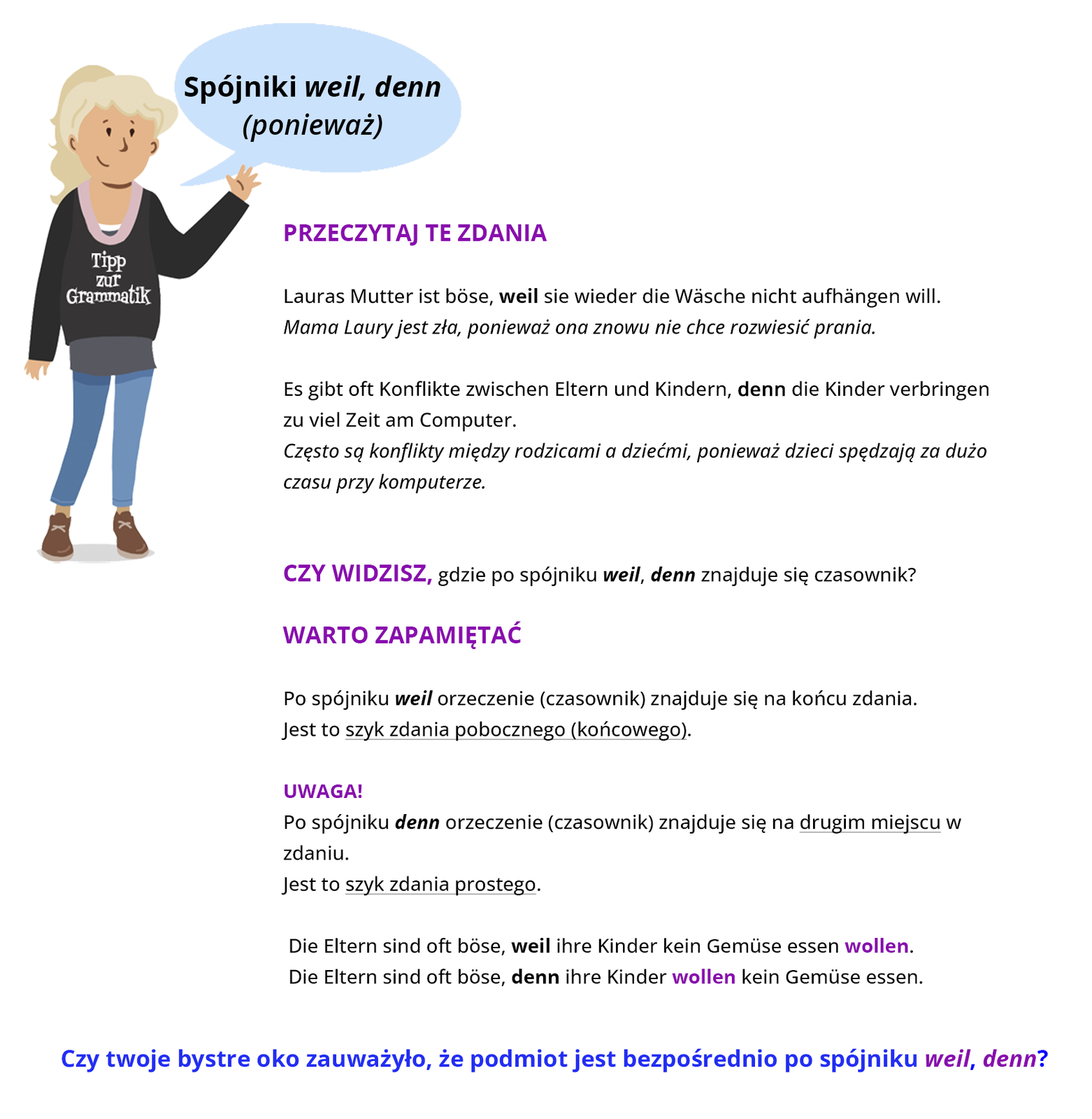 Ilustracja zawiera poradę językową.
Grafika przedstawia dziewczynkę ubraną w czarną bluzę z napisemTipp zur Grammatik oraz niebieskie spodnie.
Dziewczynka mówi: Spójniki weil, denn (ponieważ).
Pozostałą część ilustracji stanowi tekst, którego treść wyświetla się w trybie dostępności.