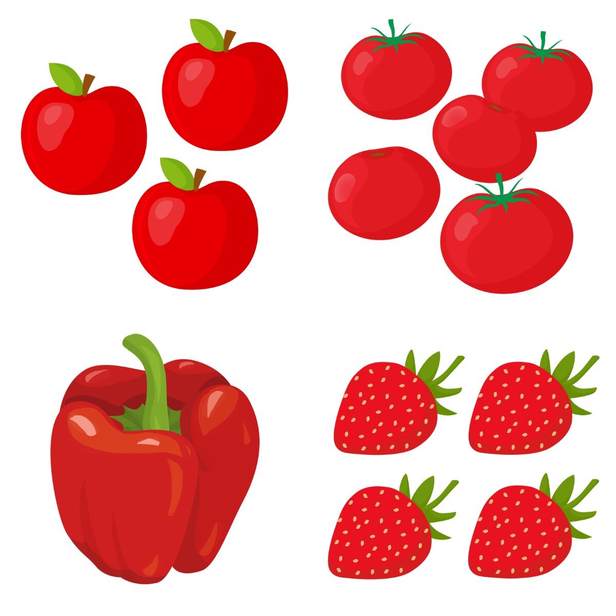Ilustracja przedstawia jabłka, pomidory, truskawki i paprykę.