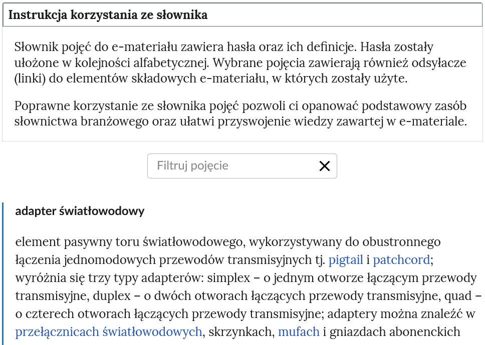 Ilustracja przedstawia górną część słownika z polem filtrowania haseł słownika. Poniżej widać jedno z haseł wraz z definicją.