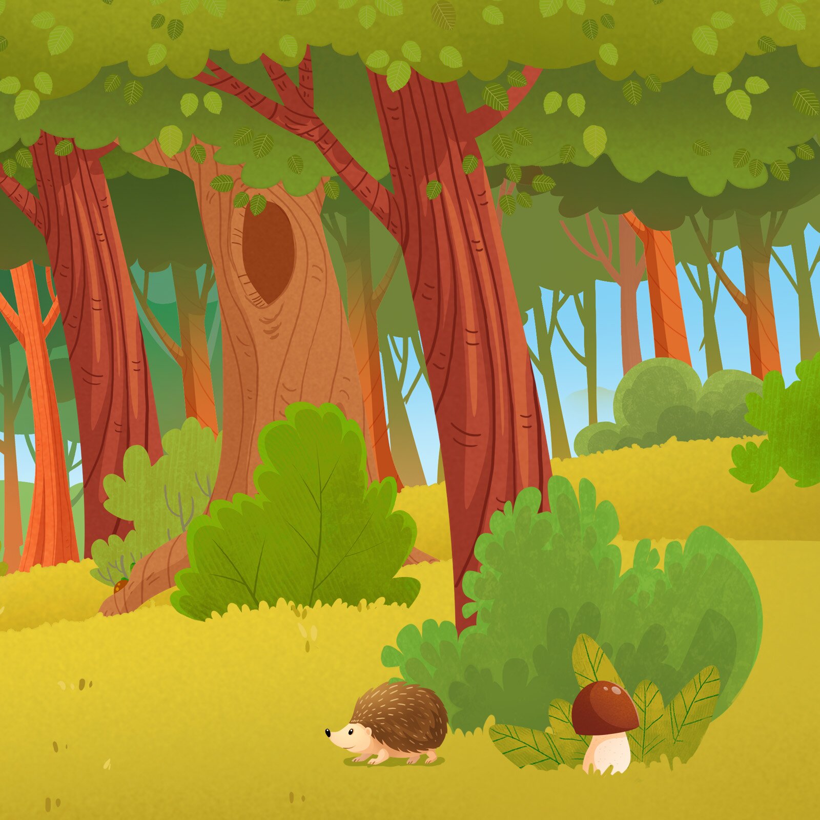 Ilustracja przedstawia jeża chodzącego po ściółce obok grzyba