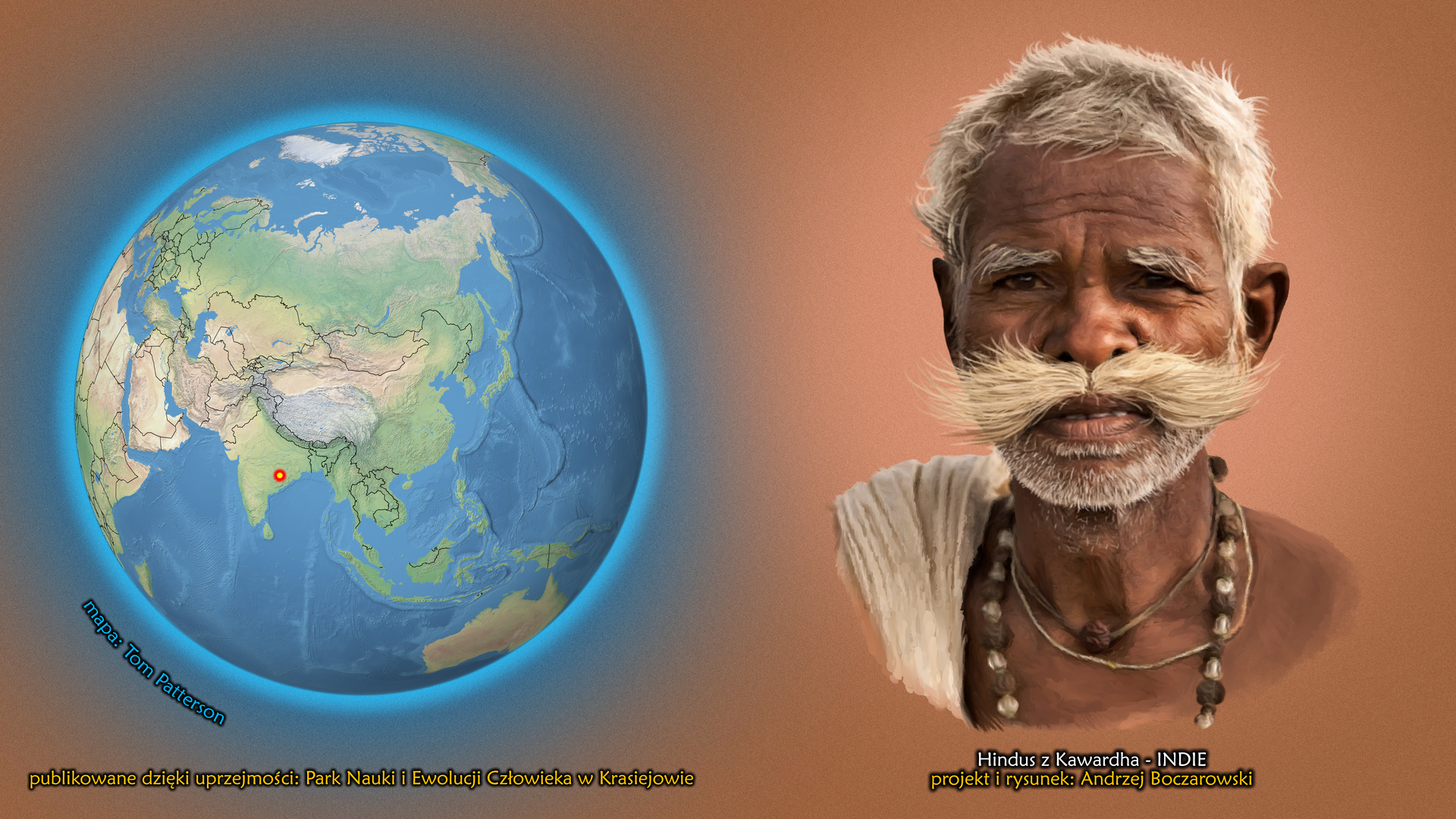 Na ilustracji kula ziemska, zaznaczono punkt w Indiach. Obok twarz mężczyzny z długimi jasnymi wąsami i siwymi krótkimi włosami. Ciemna cera. Podpis – Hindus z Kawardha.
