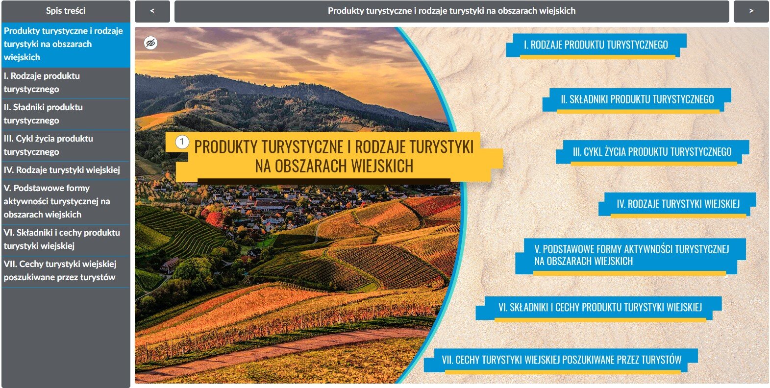 Grafika przedstawia widok początkowy planszy interaktywnej zatytułowanej Produkty turystyczne i rodzaje turystyki na obszarach wiejskich.