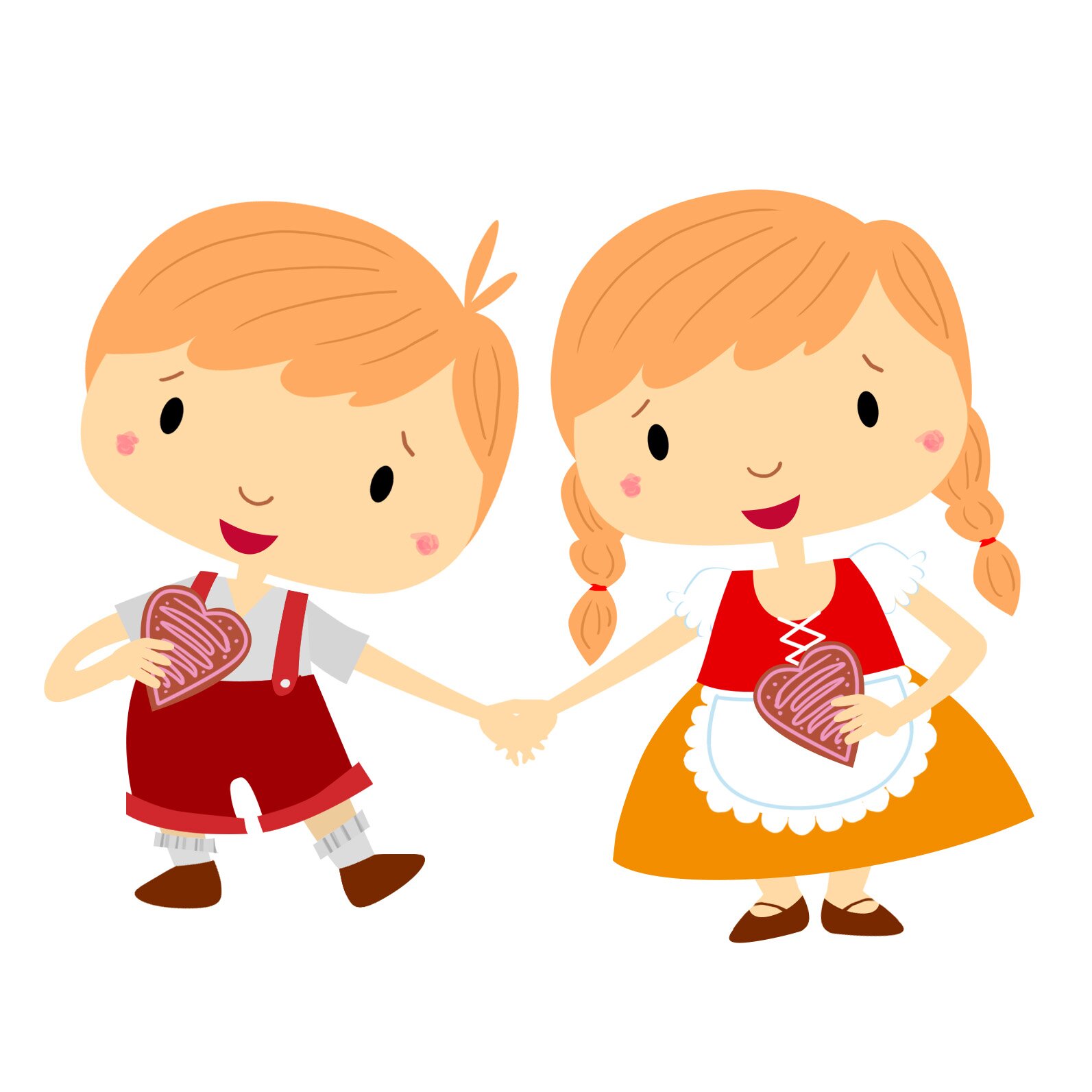 Ilustracja przedstawi dziewczynkę i chłopca. Trzymają się za rękę. W drugiej ręce mają ciastka w kształcie serca.