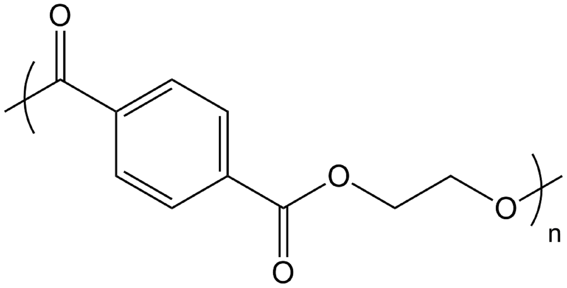 Ilustracja przedstawiająca wzór poli(tereftalanu etylenu) (PET). W nawiasie kwadratowym struktura złożona z atomu tlenu, którego jedno z wiązań wychodzi poza nawias, drugie łączy go z dwiema kolejno połączonymi ze sobą grupami metylenowymi, z których druga związana jest z atomem tlenu połączonym z atomem węgla, który to związany jest za pomocą wiązania podwójnego z atomem tlenu oraz za pomocą wiązania pojedynczego z grupą fenylową, czyli pierścieniem benzenu, który to, względem opisanego podstawnika w pozycji czwartej posiada grupę składającą się z atomu węgla związanego za pomocą wiązania podwójnego z atomem tlenu  i od którego odchodzi wiązanie pojedyncze poza nawias. Względem nawiasu kwadratowego w indeksie dolnym znajduje się litera n.