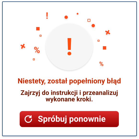 Grafika przedstawia ekran negatywnej informacji zwrotnej. Ma ona czerwony kolor, widać na niej napis niestety, został popełniony błąd. W dolnej części widać przycisk „spróbuj ponownie”, który pozwala na powrót do ekranu symulatora.
