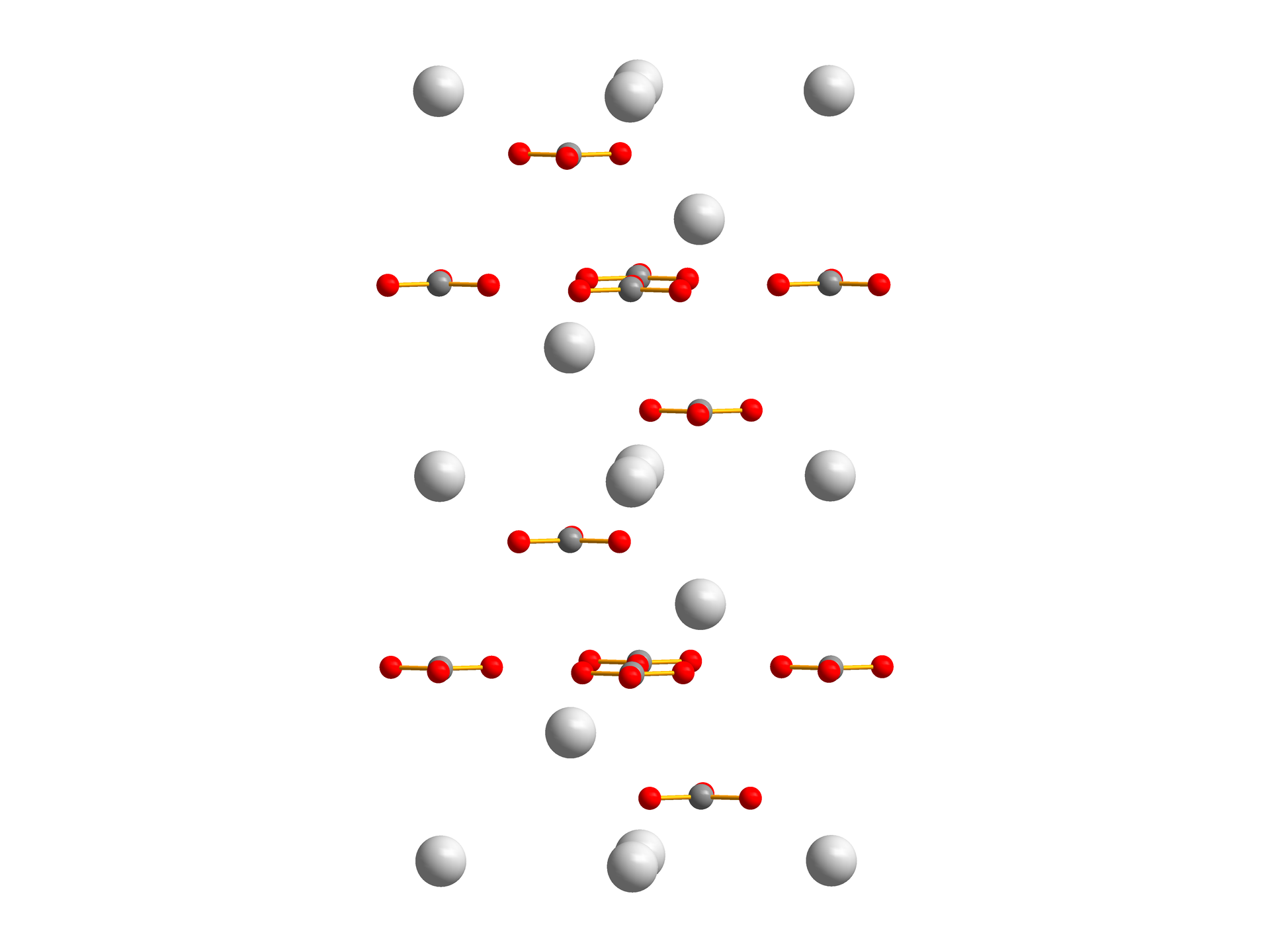 Ilustracja przedstawia strukturę kalcytu. Aniony węglanowe (czerwone kulki symbolizują tlen, szare węgiel) tworzą warstwy ułożone równolegle do kationów wapnia (na rysunku to białe kulki). Białe kulki są duże, pojedyncze lub podwójne. Małe czerwone kulki są połączone ze sobą poziomo.   