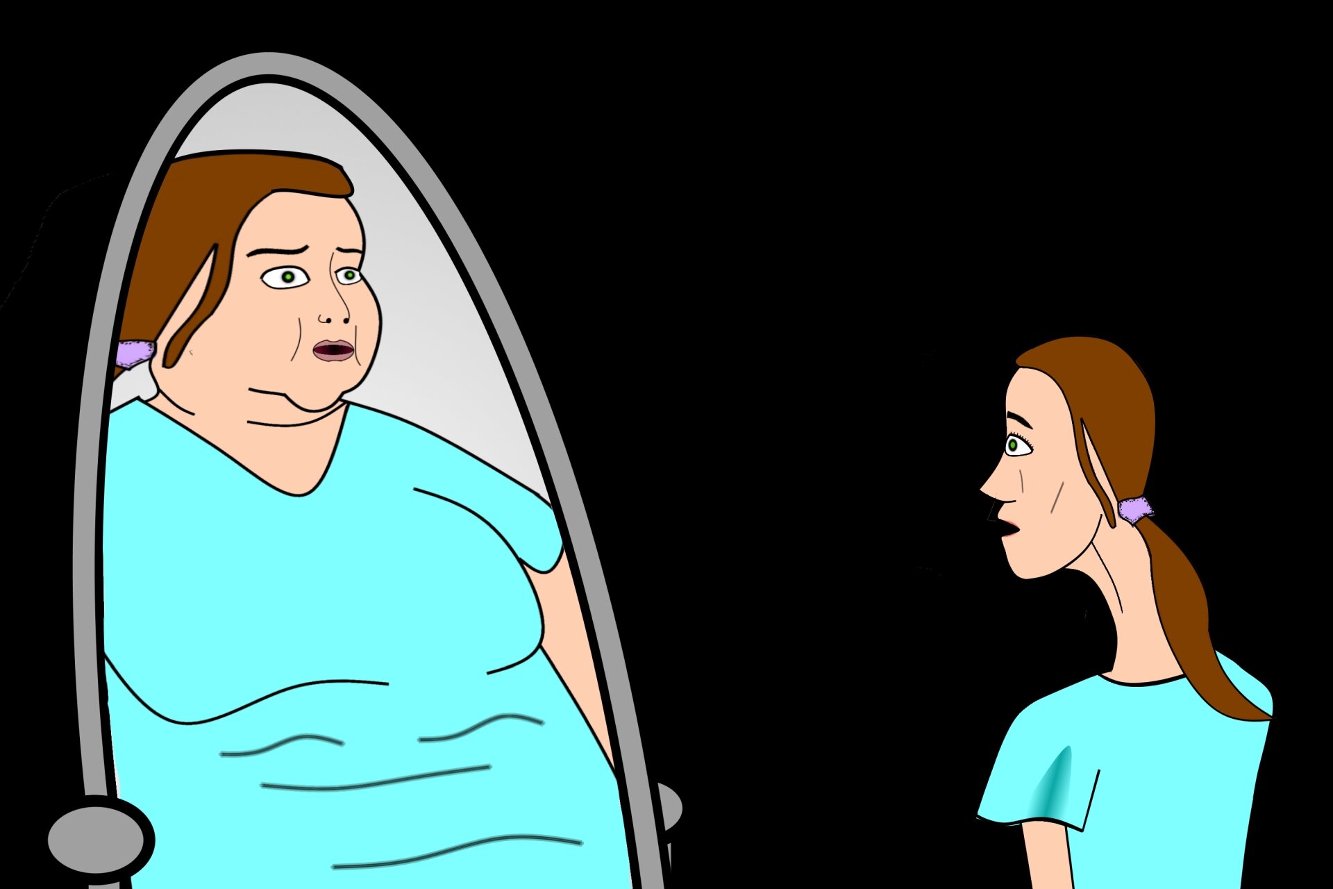 Ilustracja przedstawia kobietę przeglądającą się w lustrze. Kobieta przed lustrem jest szczupła, jednak w lustrze widzi się jako otyła. 