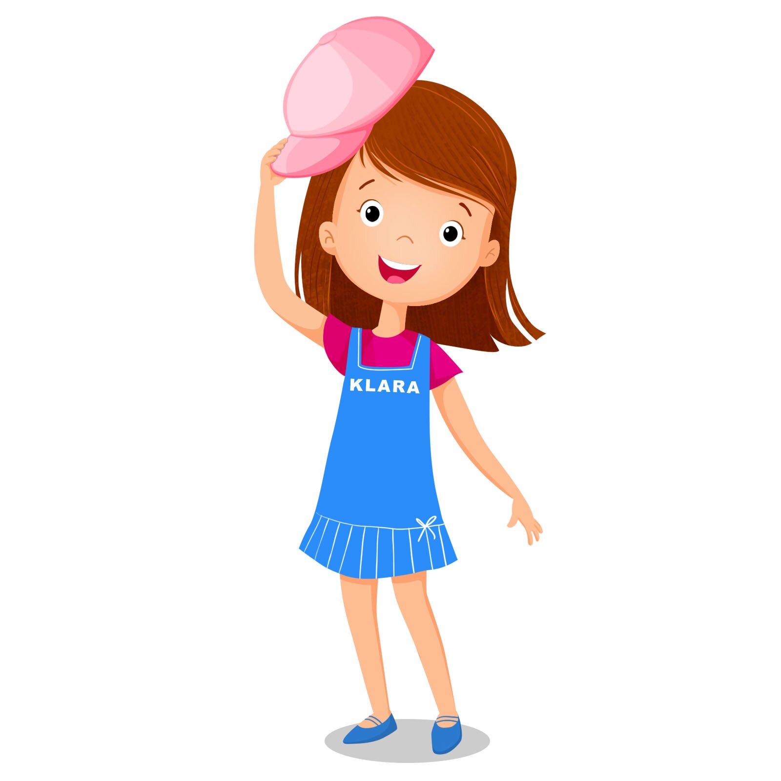 Ilustracja przedstawia dziewczynkę o brązowych włosach, ubraną w niebieską sukienkę i czapkę.