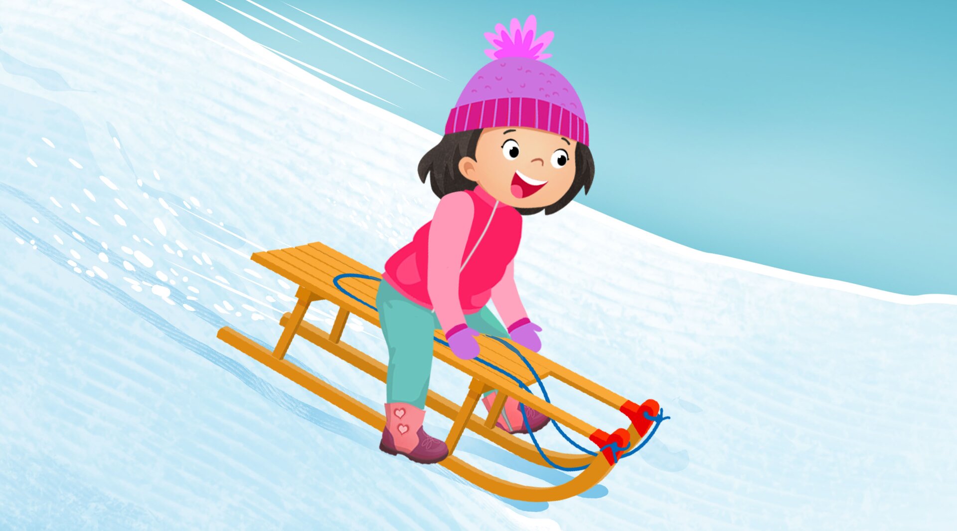 Na ilustracji znajduje się dziewczynka jeżdżąca na sankach.