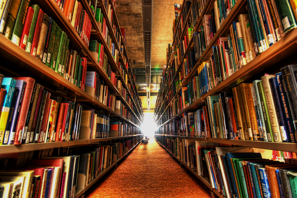 Zdjęcie przedstawia półki z książkami, znajdujące się w Bibliotece Uniwersytetu Loughborough [czyt. logbere]. Półki są ustawione po dwóch stronach przejścia dla czytelników, po kilka rzędów, od podłogi aż po sufit i ciągną się jakby w nieskończoność do punktu zbiegu. Z tego punktu, na końcu przejścia rozchodzi się mocne światło.