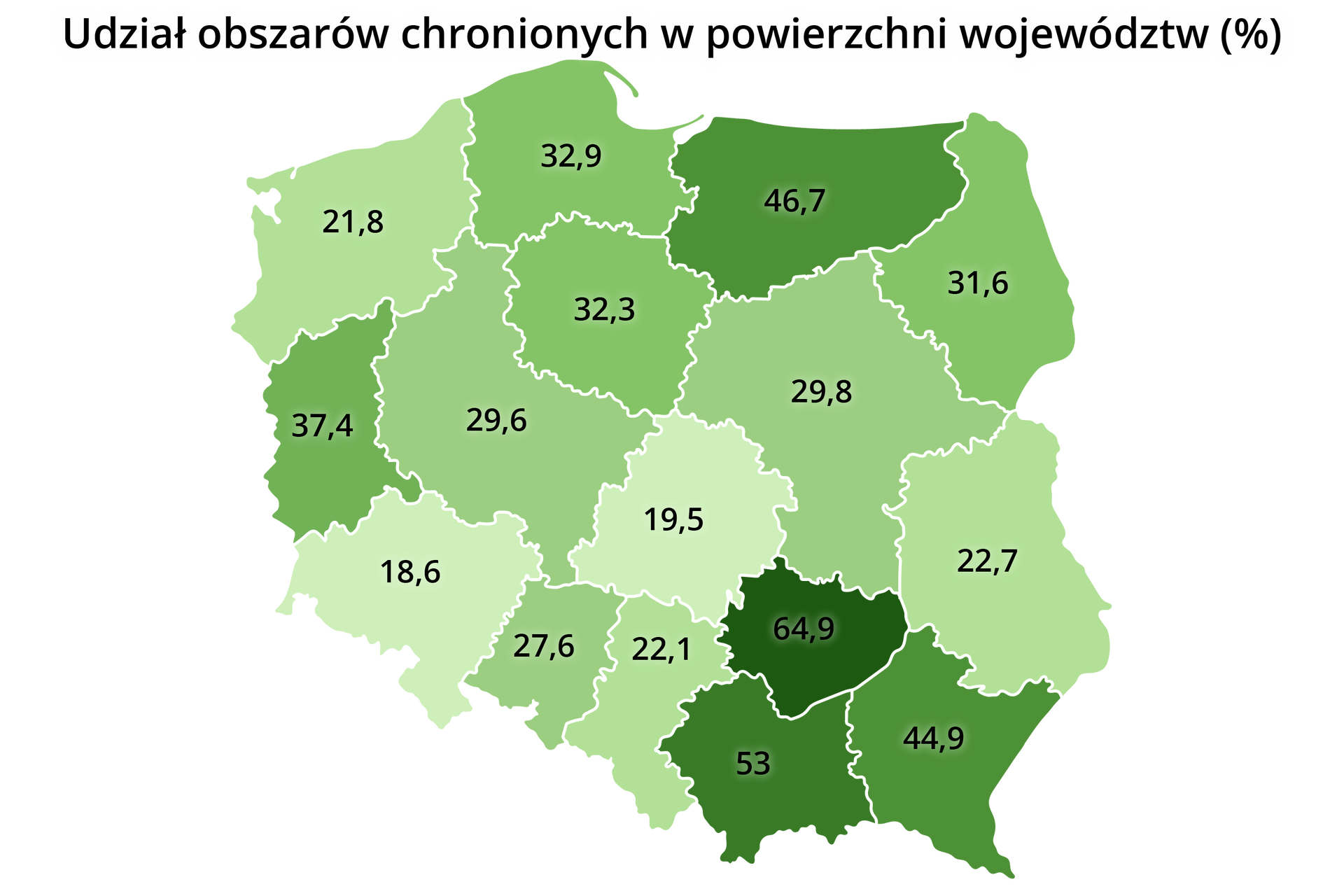 Mapa Polski prezentująca udział obszarów chronionych w powierzchni województw wyrażony w procentach.
Województwo zachodniopomorskie 21,8;
pomorskie 32,9;
warmińsko‑mazurskie 46,7;
podlaskie 31,6;
mazowieckie 29,8;
kujawsko‑pomorskie 32,3;
wielkopolskie 29,6;
lubuskie 37,4;
dolnośląskie 18,6;
opolskie 27,6;
śląskie 22,1;
łódzkie 19,5;
świętokrzyskie 64,9;
małopolskie 53;
podkarpackie 44,9.