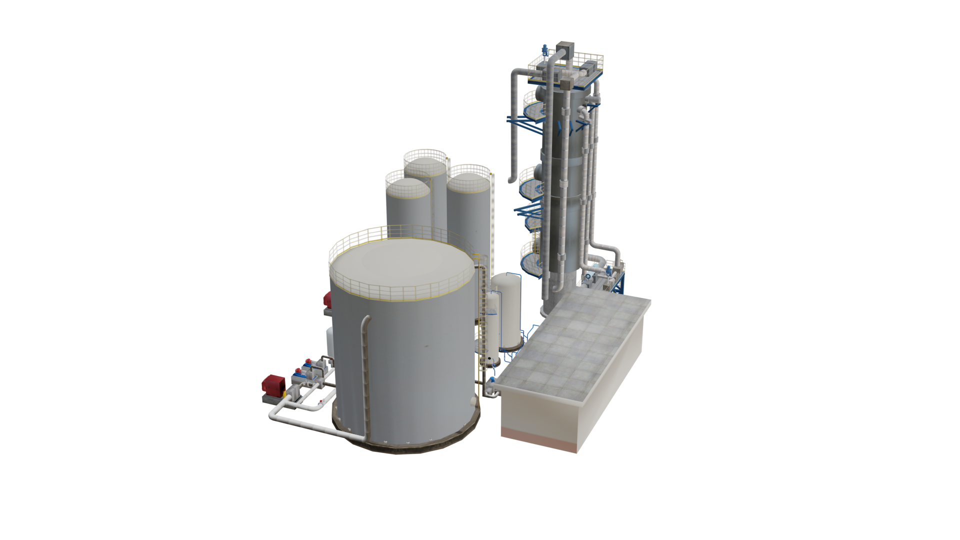 Grafika przedstawia zespół cylindrycznych zbiorników magazynowych wraz z kolumną stabilizacyjną ropy naftowej. Zbiorniki znajdują się po lewej stronie. Zorientowane są pionowo, to jest ich podstawy stanowiące koła osadzone są na podłożu. Są one orurowane i wszystkie posiadają barierki, którymi zabudowane są ich górne części. Wyposażone są również w drabiny. Na pierwszym planie znajduje się największy zbiornik. Za nim - trzy mniejsze takiej samej wielkości, a z prawej strony za największym zbiornikiem znajdują się dwa małe.
Po prawej stronie zabudowany jest sporej wielkości prostopadłościenny podest. Za nim znajduje się pionowo zorientowana kolumna stabilizacyjna o cylindrycznym kształcie. Z przodu od jej górnej części w kierunku dołu poprowadzone są rury. Dookoła kolumny na różnych wysokościach oraz na samej jej górze zamontowane są platformy oraz drabiny, umożliwiające dostęp pracownikom do poszczególnych części konstrukcji. Tego typu kolumna pozwala na stabilizację ciekłych węglowodorów po separacji trójfazowej. Ilość półek oraz wszystkie parametry jej pracy optymalizowane są z pomocą specjalistycznego oprogramowania.