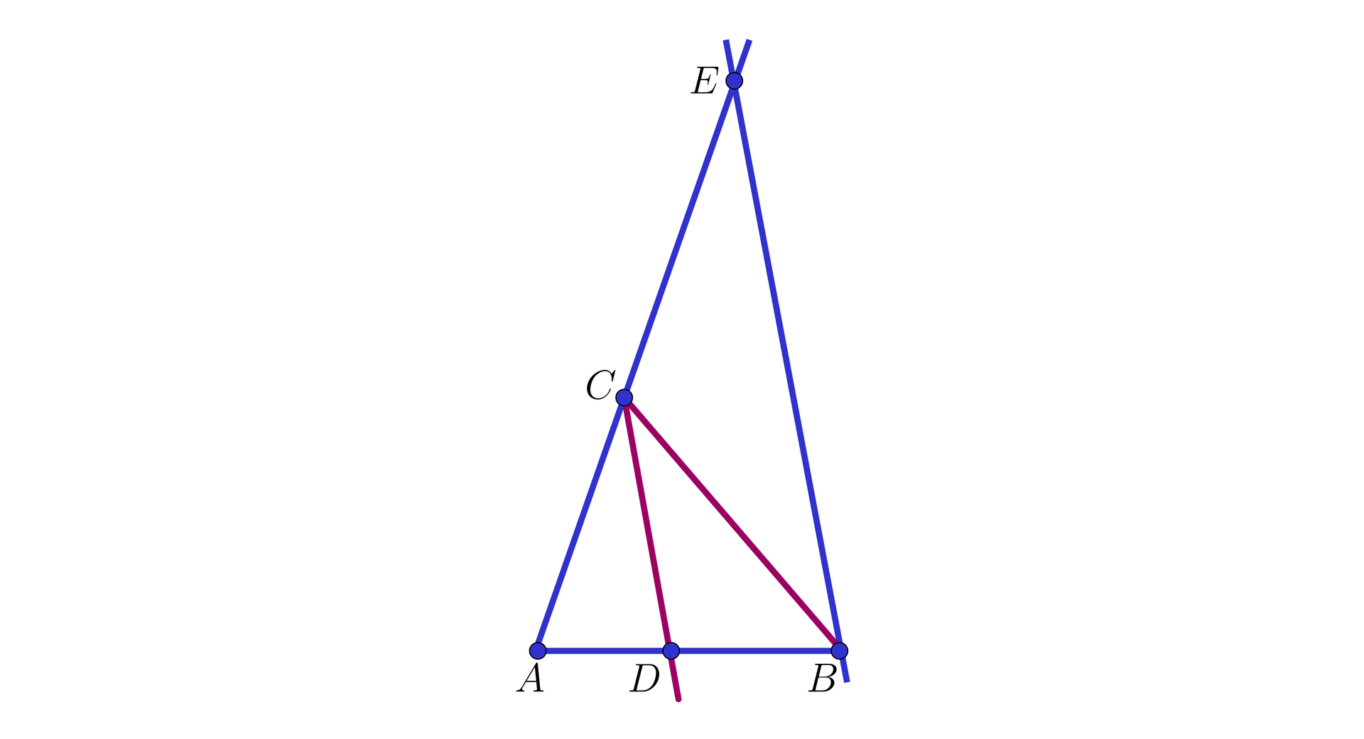 Na ilustracji przedstawiono trójkąt ABC. Na podstawie AB zaznaczono punkt D. Poprowadzono półprostą wychodzącą z wierzchołka C, przechodzącą przez punkt D. Przez punkt B poprowadzono prostą równoległą do półprostej CD. Zaznaczono punkt E w miejscu przecięcia prostej przechodzącej przez punkt B, z przedłużeniem boku AC.