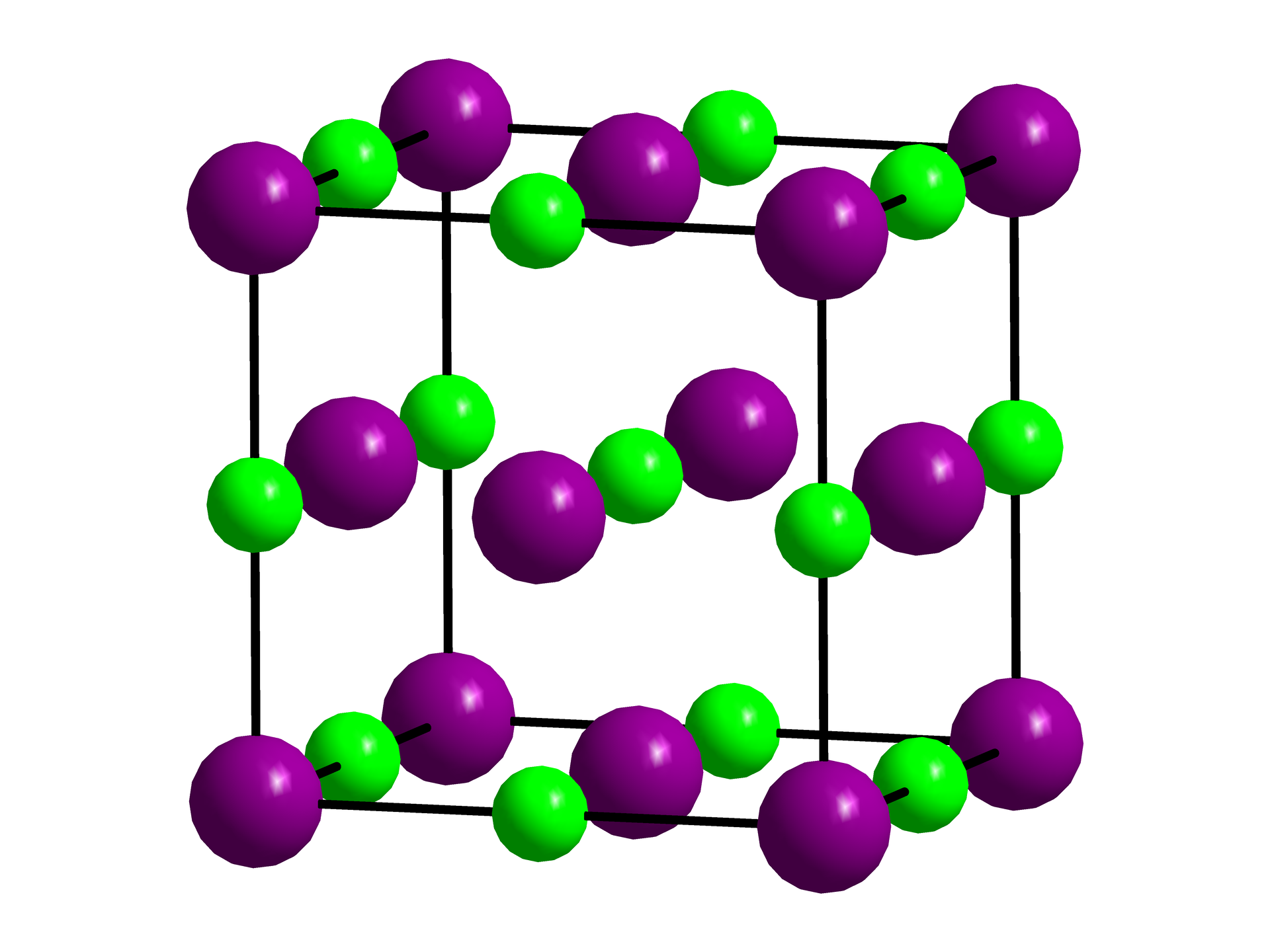 Na ilustracji przedstawiono sześcian. Zaznaczono w nim krawędzie. Na każdym wierzchołku znajduje się fioletowa duża kulka, na środku każdej krawędzi jest mniejsza zielona kulka, między zielonymi kulkami dwóch krawędzi jest fioletowa kulka. Na podstawach i przez środek sześcianu przebiegają trzy rzędy kulek. Zaczynając od lewej strony od dołu do góry - na dole zielona kulka, po bokach po jednej fioletowej, na środku sześcianu w środku fioletowa kulka, po bokach po jeden zielonej, na kolejnej podstawie identycznie jak na dole. W każdym rzędzie układ kulek występuje naprzemiennie.   