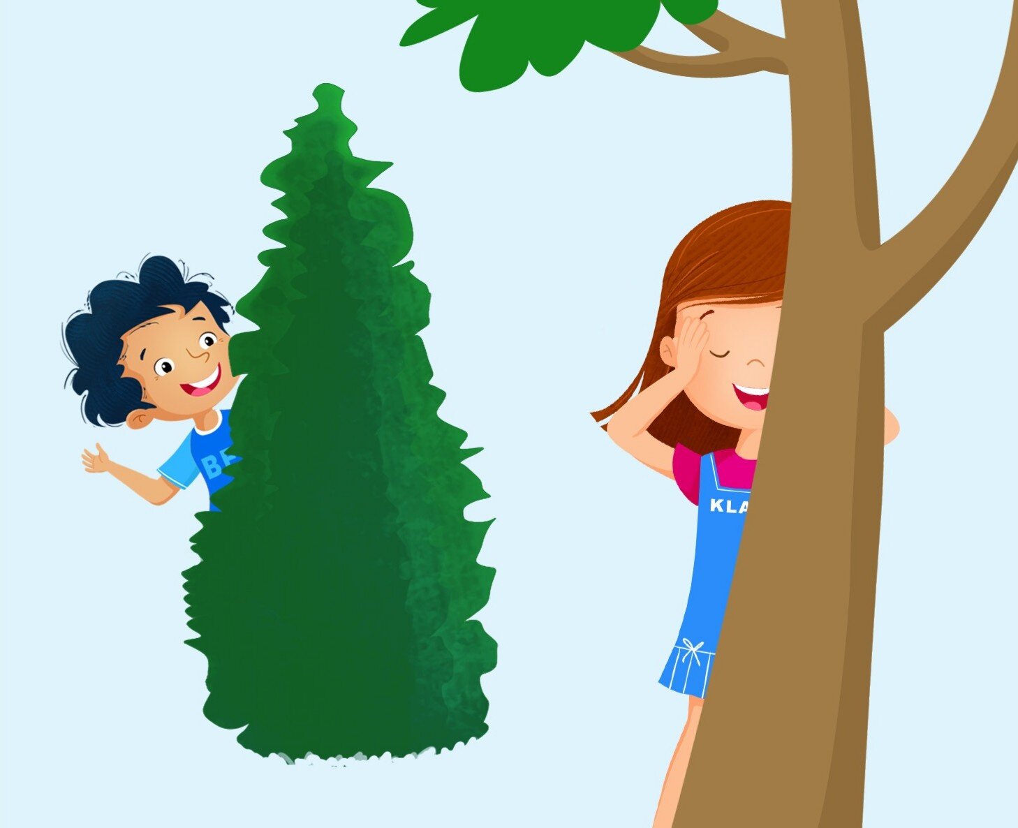 Ilustracja przedstawia dzieci bawiące się w chowanego. Klara stoi koło drzewa a Bena chowa się za choinką.