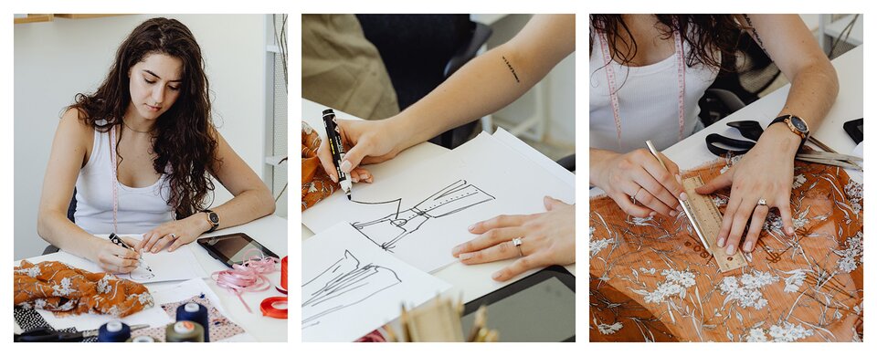 Grafika składa się z 3 zdjęć, ustawionych obok siebie w linii prostej. Każda z fotografii ukazuje fragment ciała człowieka siedzącego przy blacie, na którym leżą przybory krawieckie. Pierwsze zdjęcie przedstawią młodą kobietę, z pochyloną głową nad rysunkiem krawieckim.