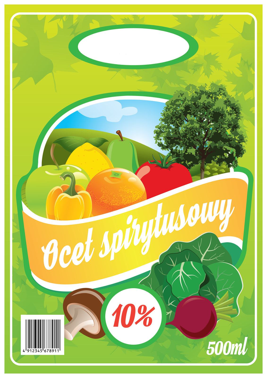 Ilustracja przedstawia etykietę dziesięcioprocentowego octu spirytusowego. Na etykiecie narysowane zostały owoce i warzywa: jabłko, papryka, pomarańcza, pomidor, cytryna, gruszka, grzyb i burak.
