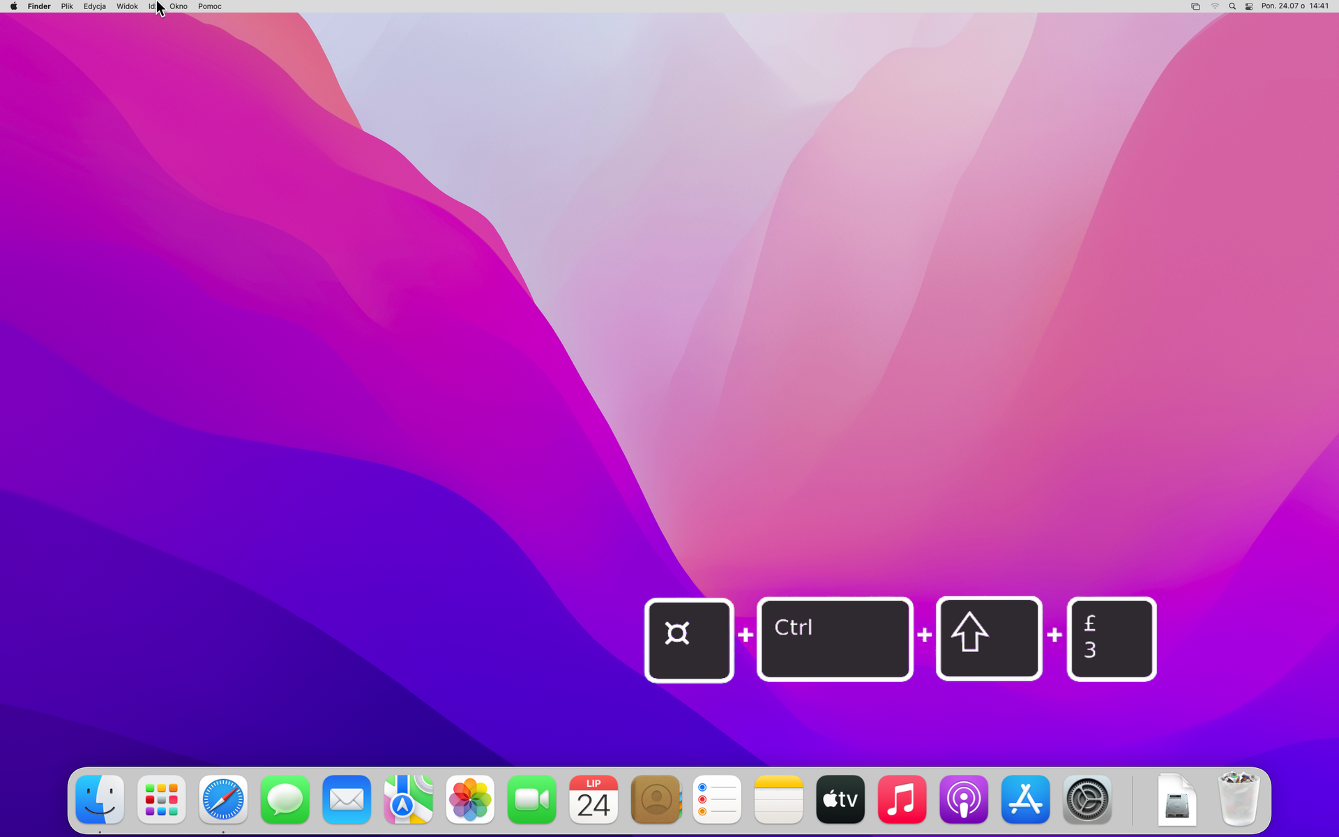 Ilustracja przedstawia pulpit systemu MacOS w wersji 13 Ventura. Tapeta przedstawia falista kolory. Na pulpicie umieszczono grafikę przedstawiającą kombinację klawiszy Command, Ctrl, Shift oraz trzy.